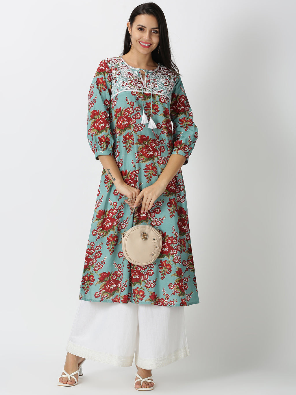 Turquoise Blue Floral Printed A-line Kurta with Chikankari Embroidered Yoke