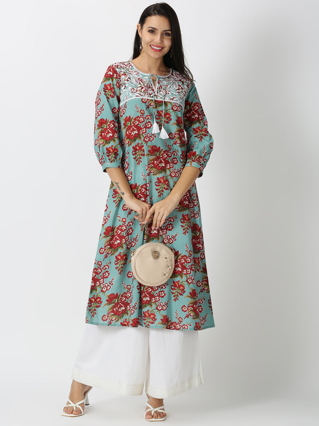 Turquoise Blue Floral Printed A-line Kurta with Chikankari Embroidered Yoke