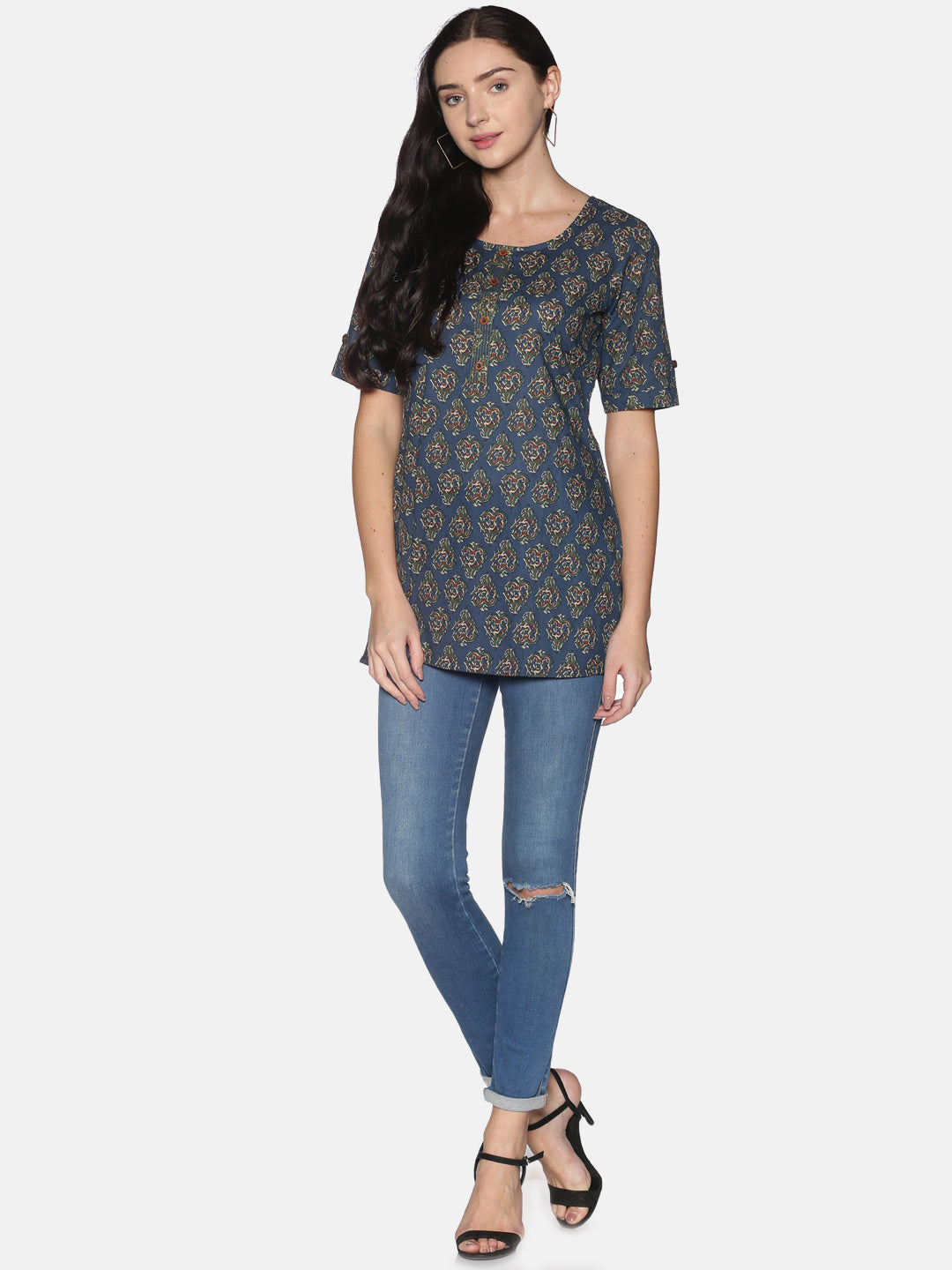 Blue Jaipur Printed Tunic With Couching In Placket And Short Roll Up Sleeves
