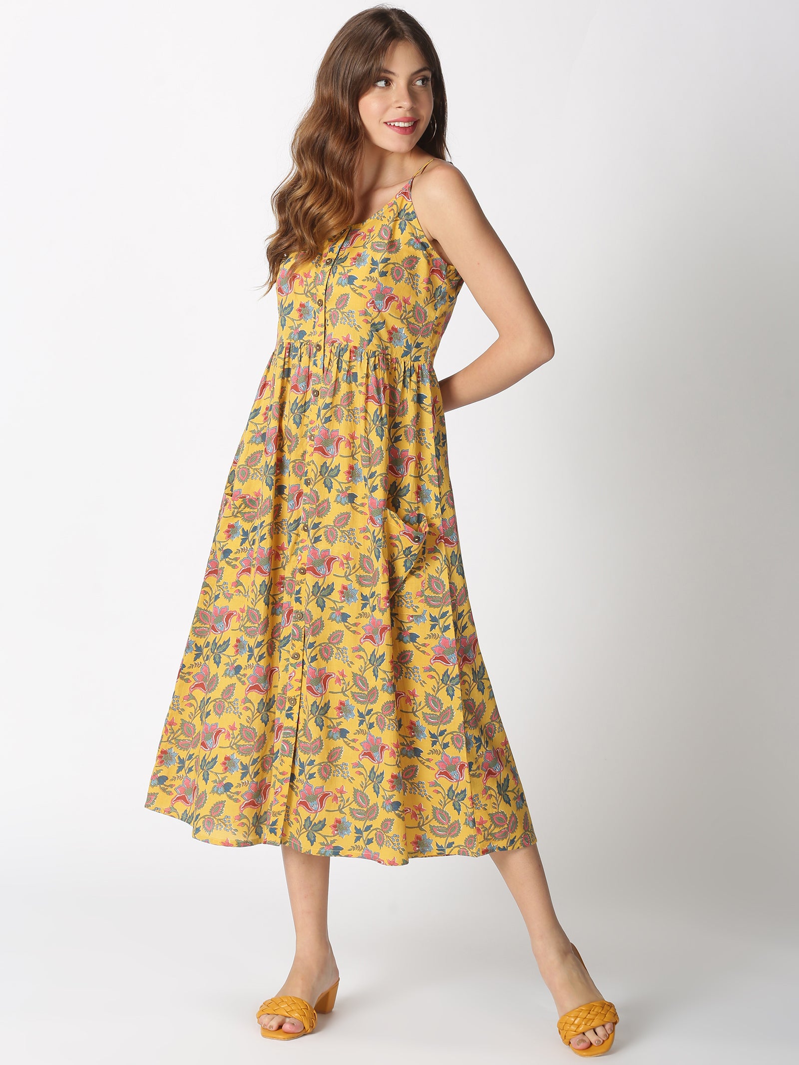 Yellow Ethnic Printed A-line Strappy Dress with Front Pockets