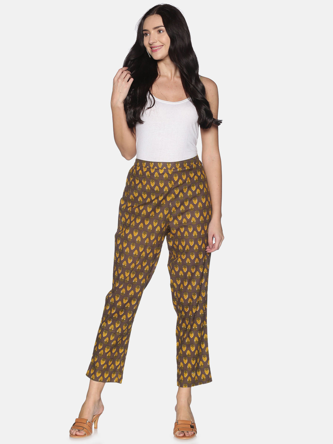 Brown Jaipur Printed Cotton Relaxed Fit Trouser With Side Slit On Hem