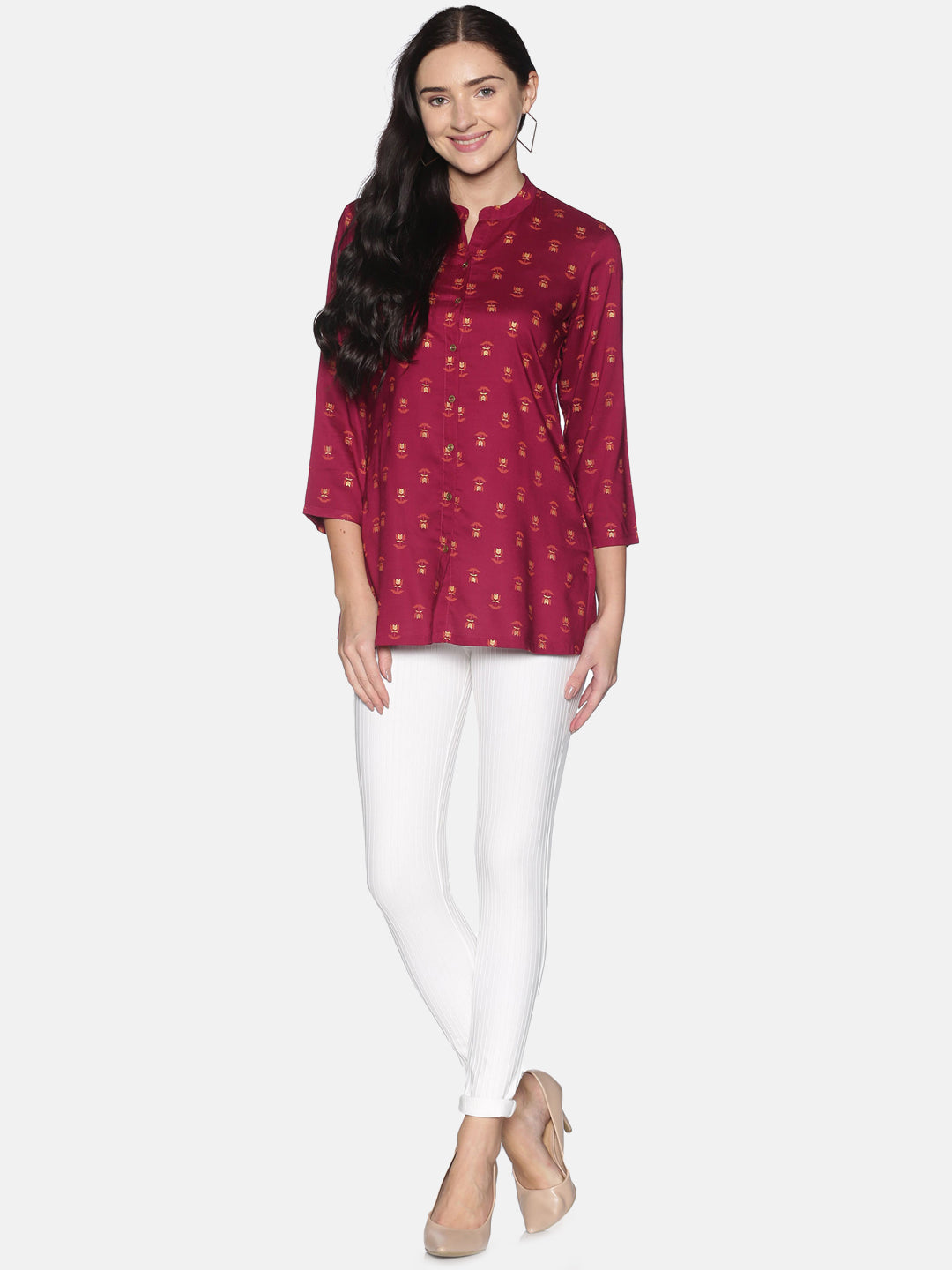 Burgundy Gold Printed Tunic With Mandarin Collar And Gold Metal Buttons