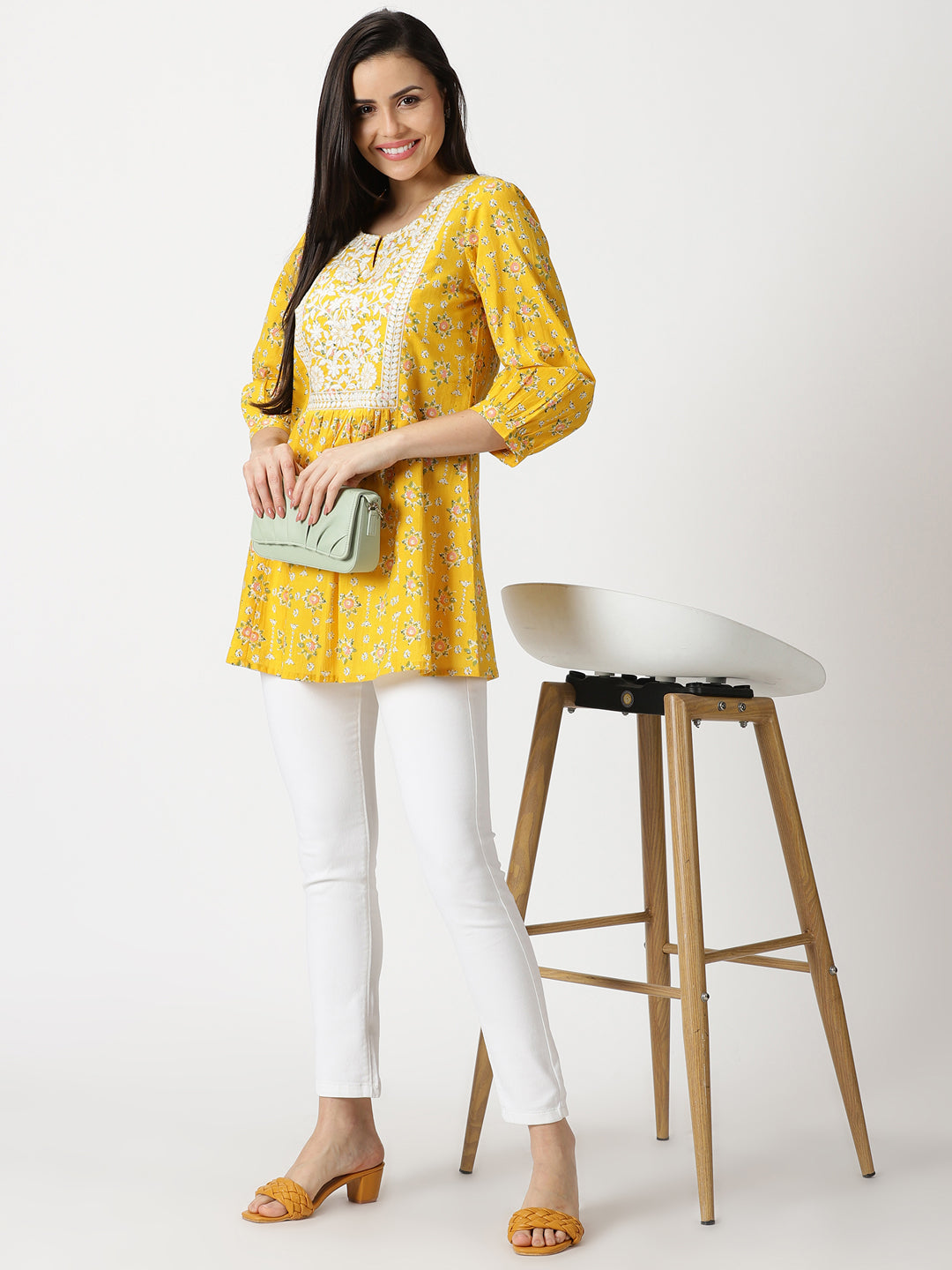 Yellow Floral Print Cotton Tunic with Lucknowi Chikankari Yoke