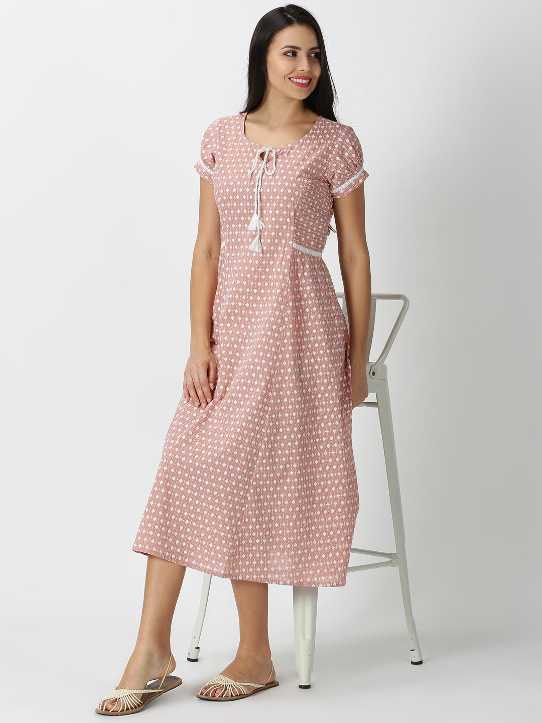 Peach Ethnic Motifs Printed A-line Panelled Midi Dress with Tie-up