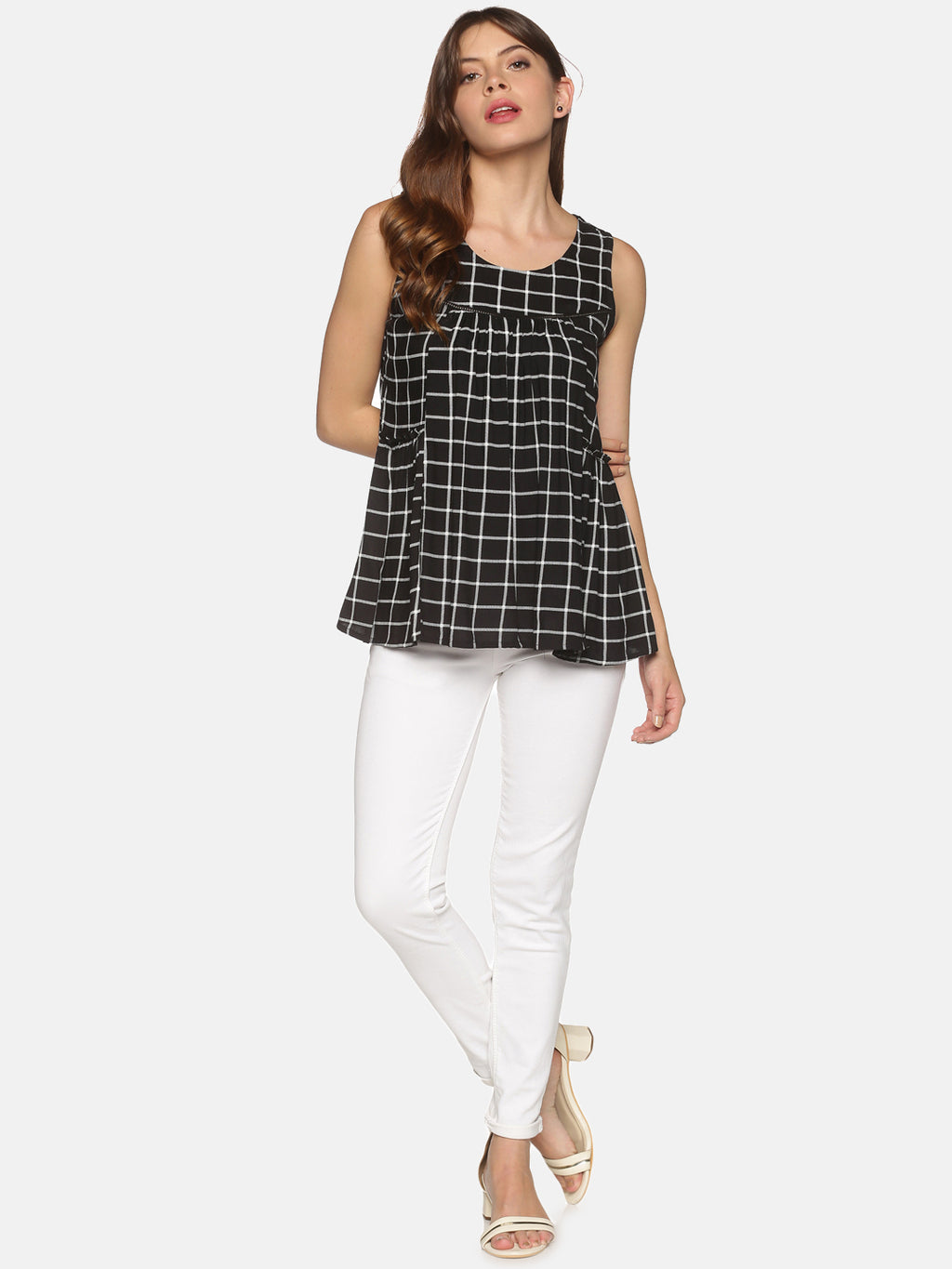 Black Checks Panelled Top with Gathers & Lace Insert on Front Yoke