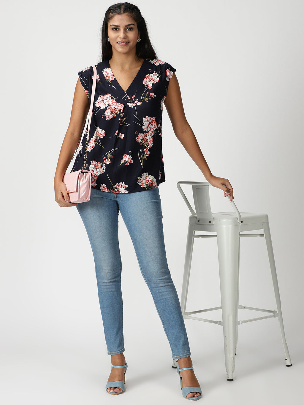 Navy Blue Floral Printed V Neck Drop Shoulder Top