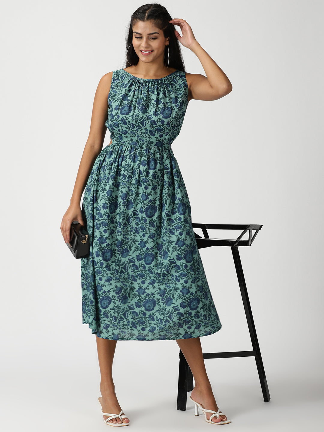 Green Floral Printed Midi Dress with Waist Cutouts