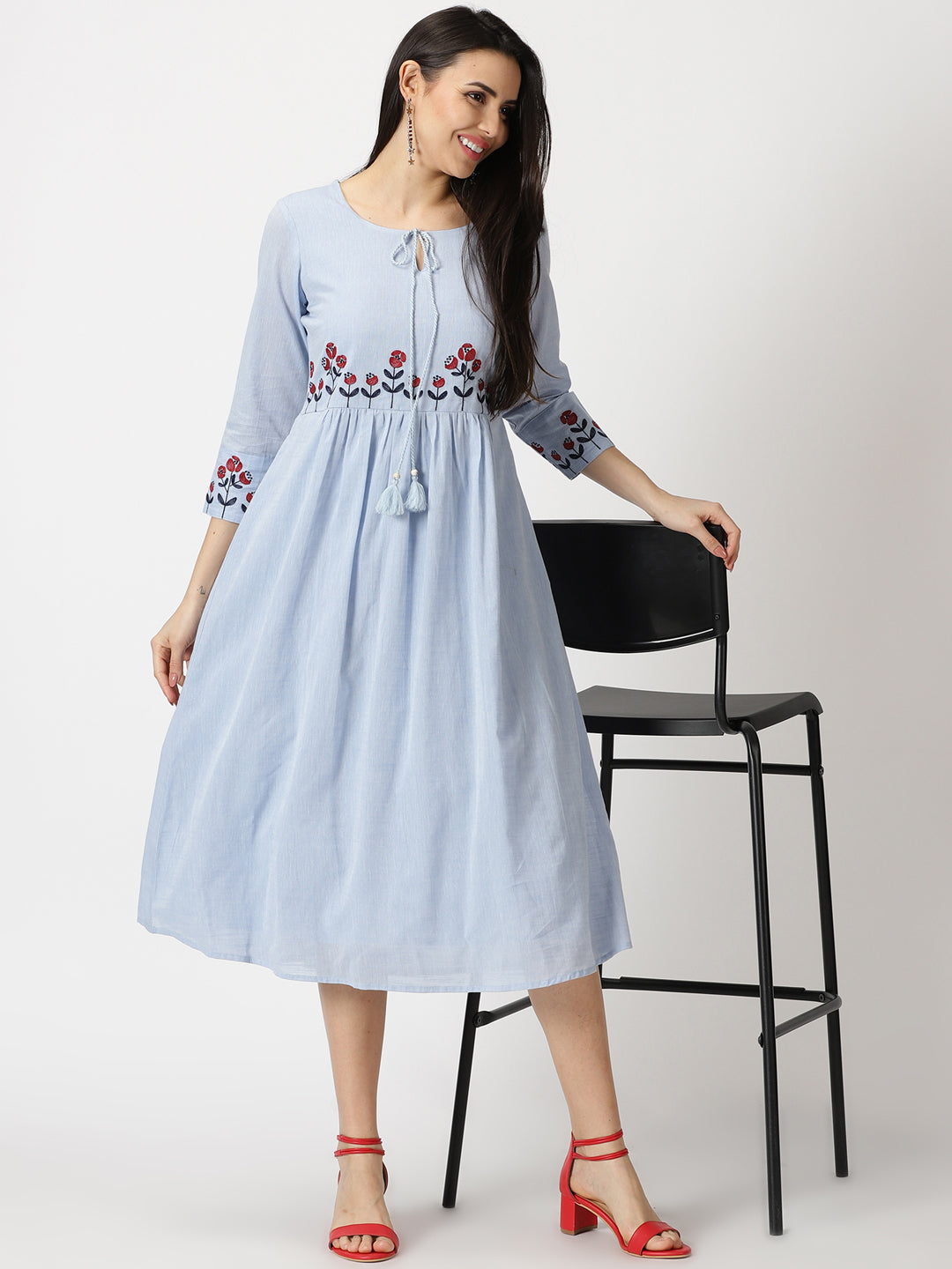 Pastel Blue Empire Midi Dress with Embroidered Details