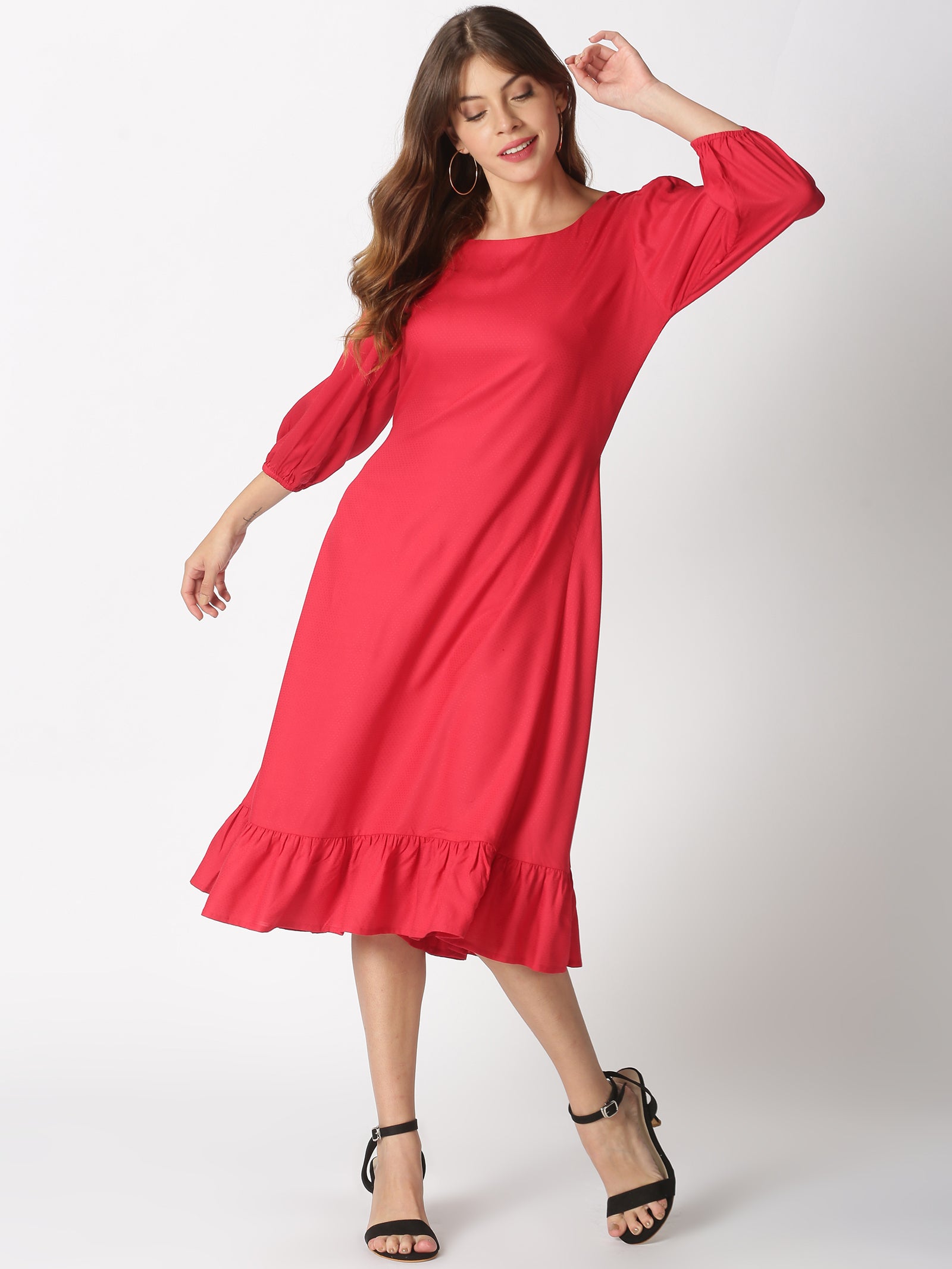 Red Dobby Boho A-line Midi Dress with Puff Sleeves & Flounce Hem