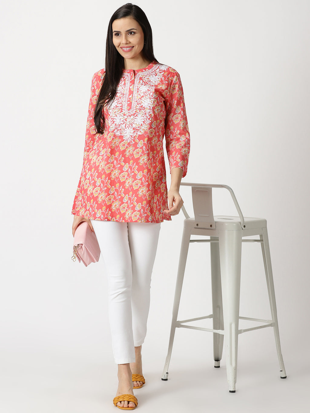 Coral Floral Print Tunic with Lucknowi Chikankari Embroidery