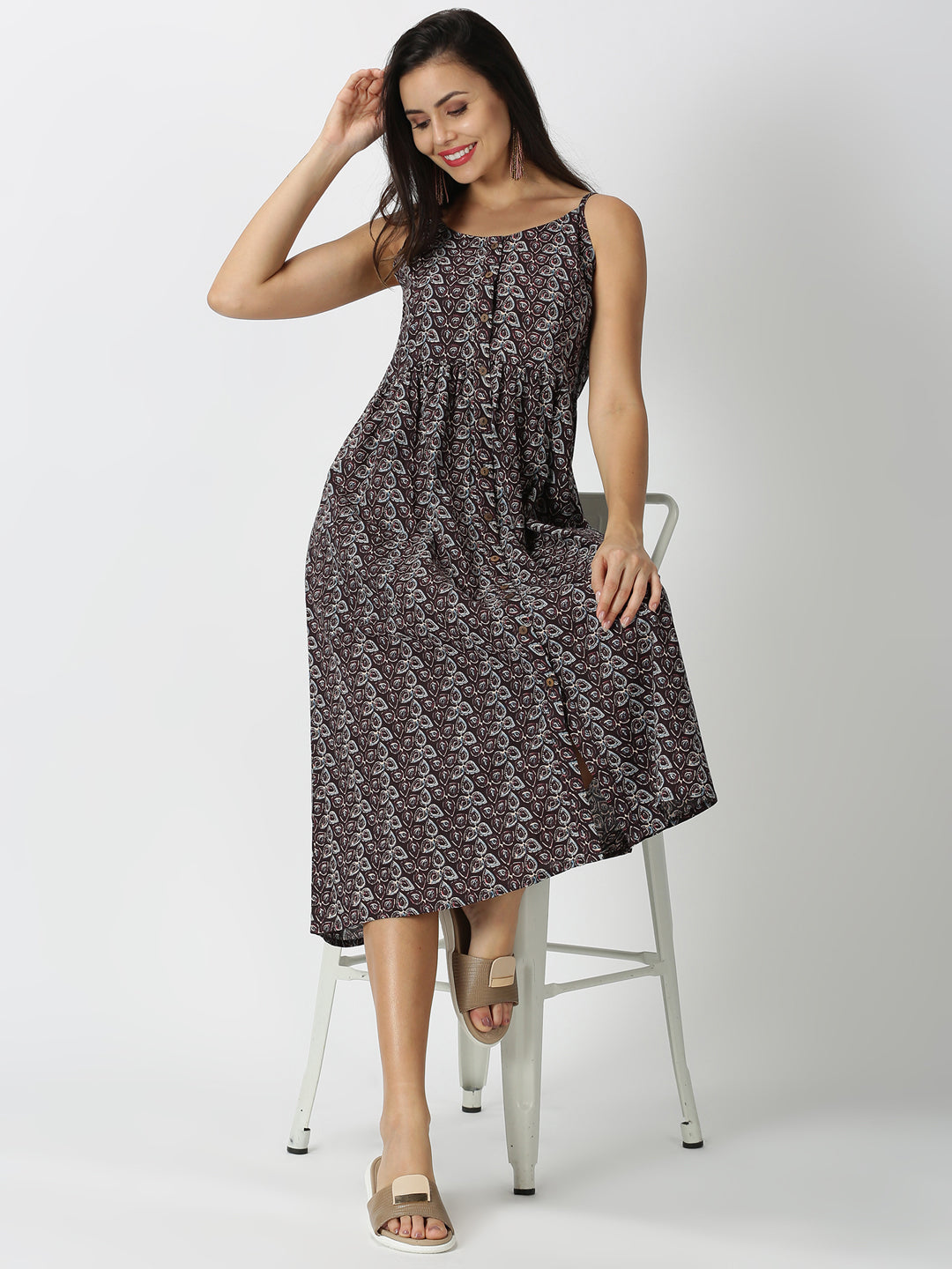 Black Kalamkari Printed A-line Strappy Dress with Front Pockets
