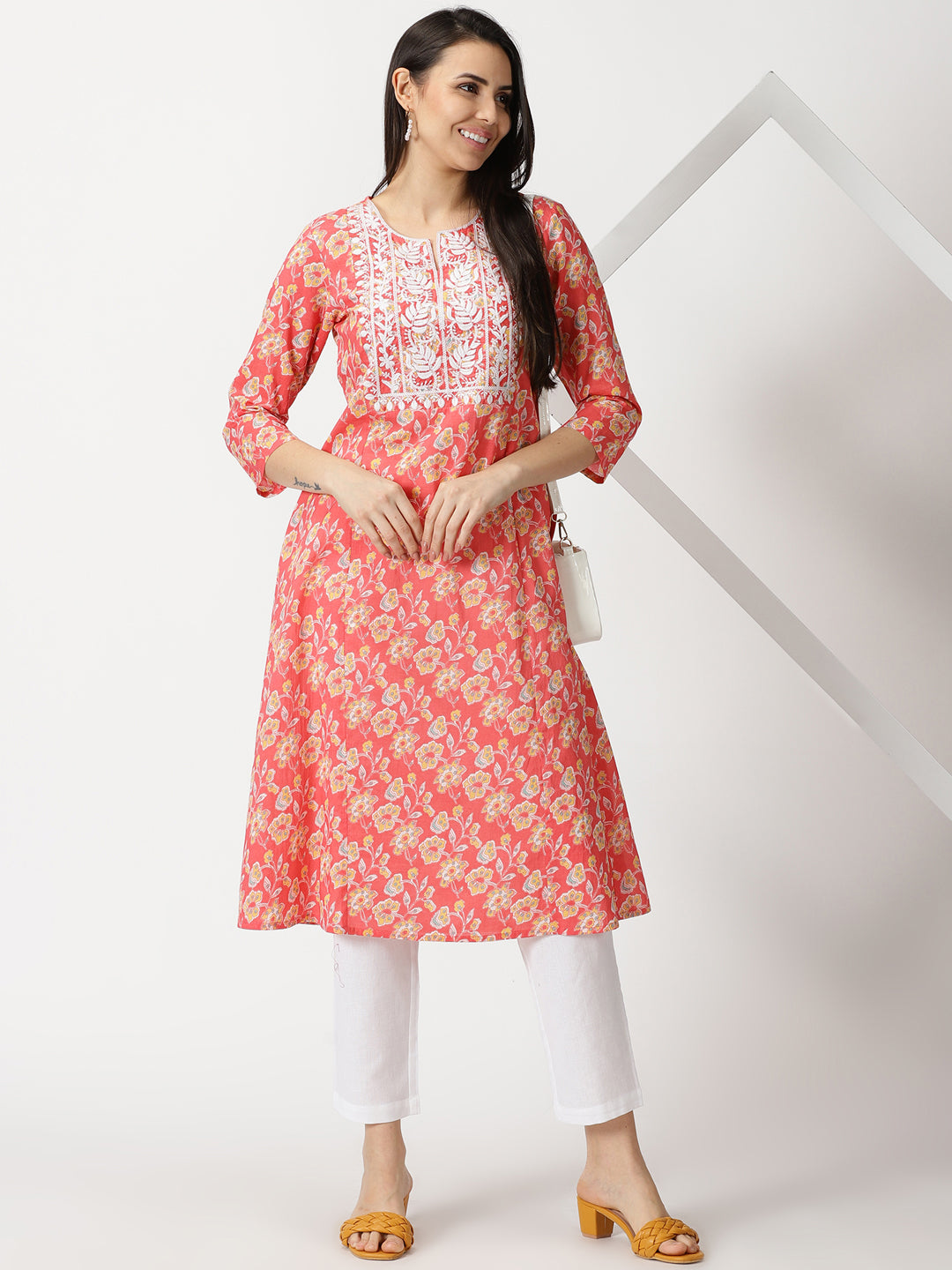 Coral Floral Print A-line Kurta with Lucknowi Chikankari Embroidery
