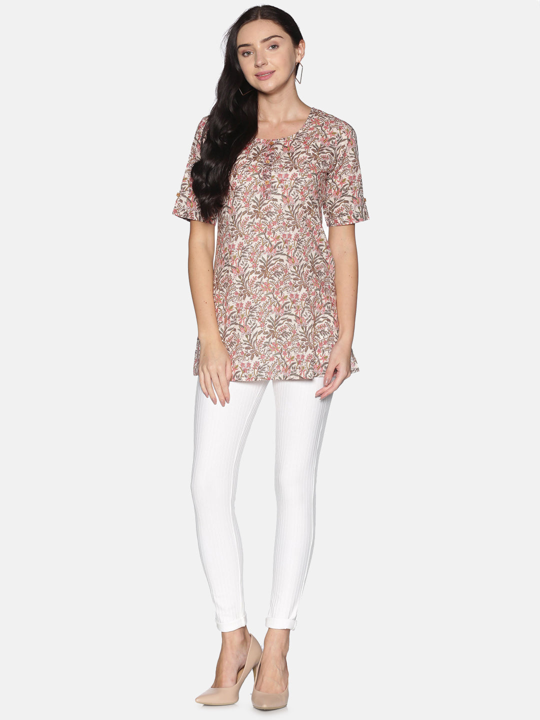 Cream Jaipur Printed Tunic With Couching In Placket And Short Roll Up Sleeves