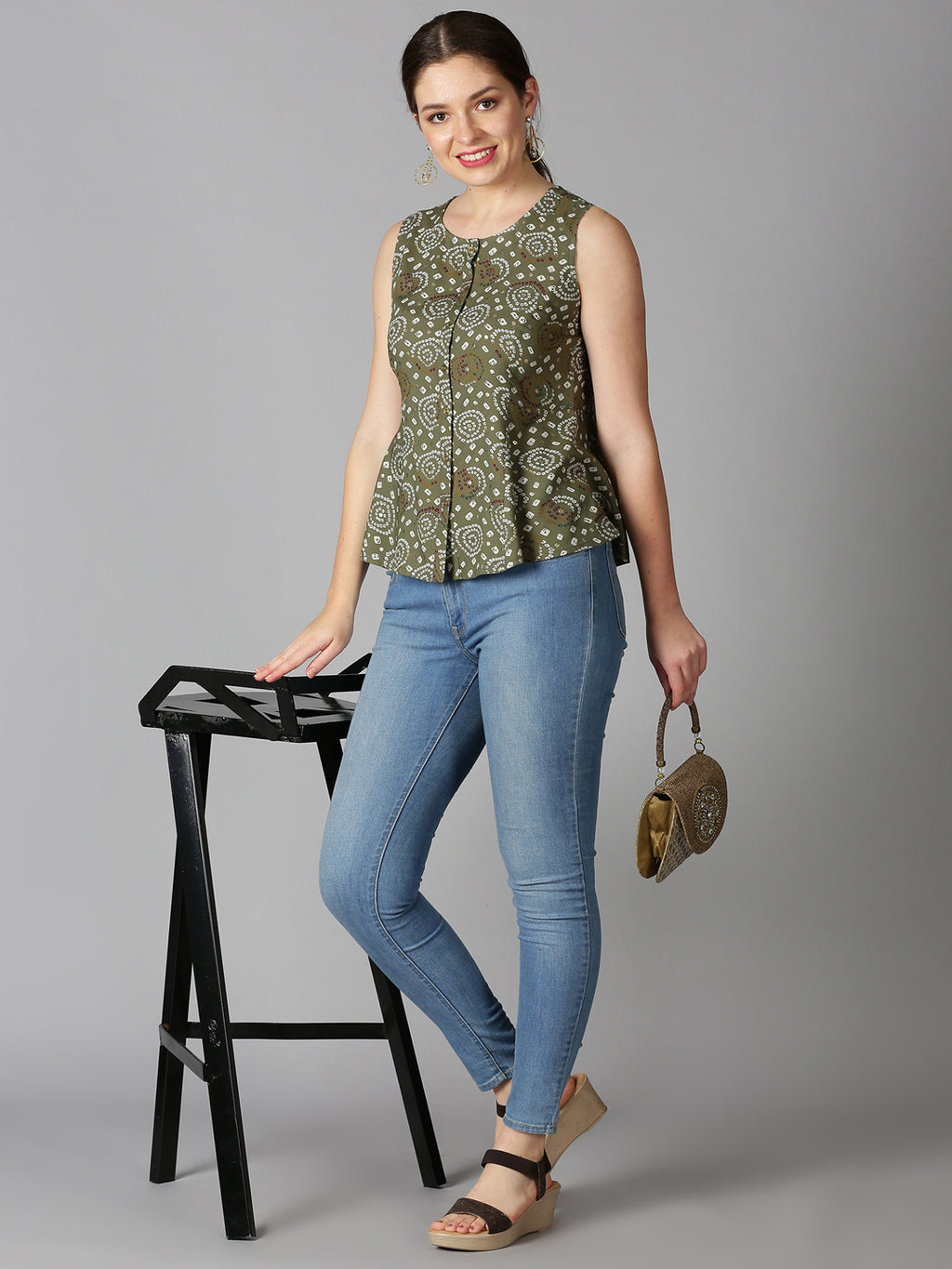 Green Rayon Bandhani Printed A-line Panelled Top