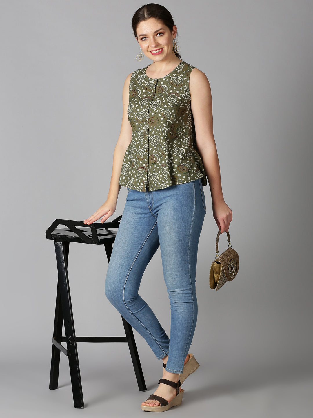 Green Rayon Bandhani Printed A-line Panelled Top