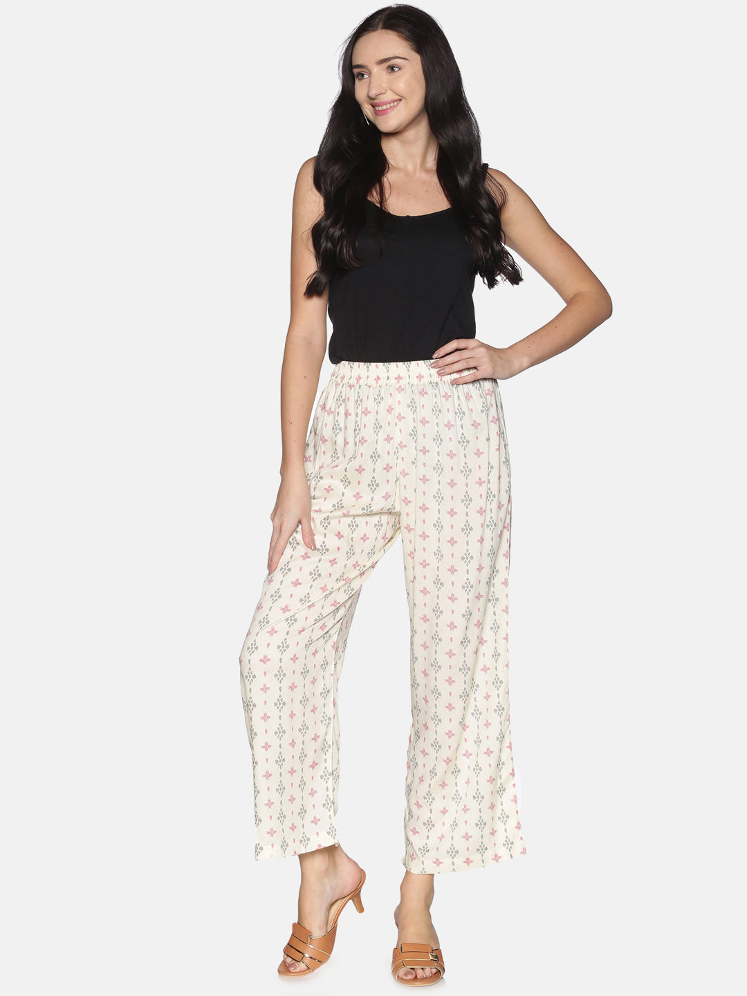 Off White Ikat Printed Wide Leg Palazzo