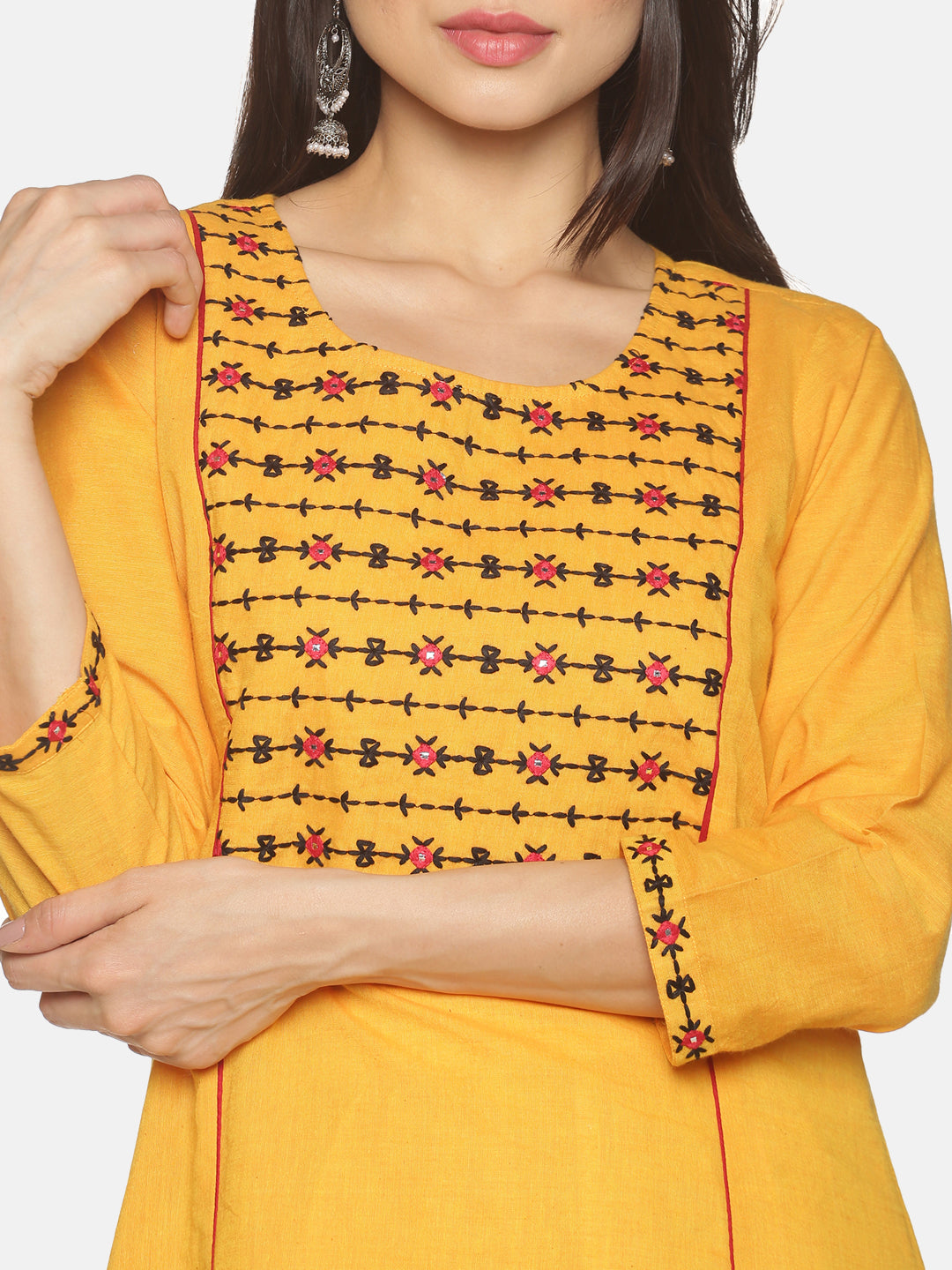Mustard Cotton Panelled Kurta with Embroidered Yoke