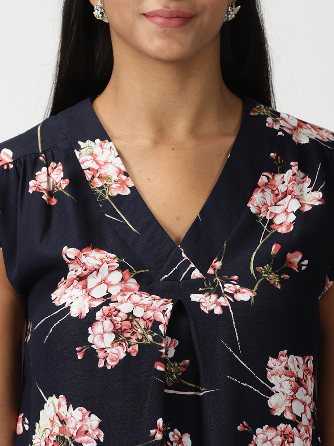 Navy Blue Floral Printed V Neck Drop Shoulder Top