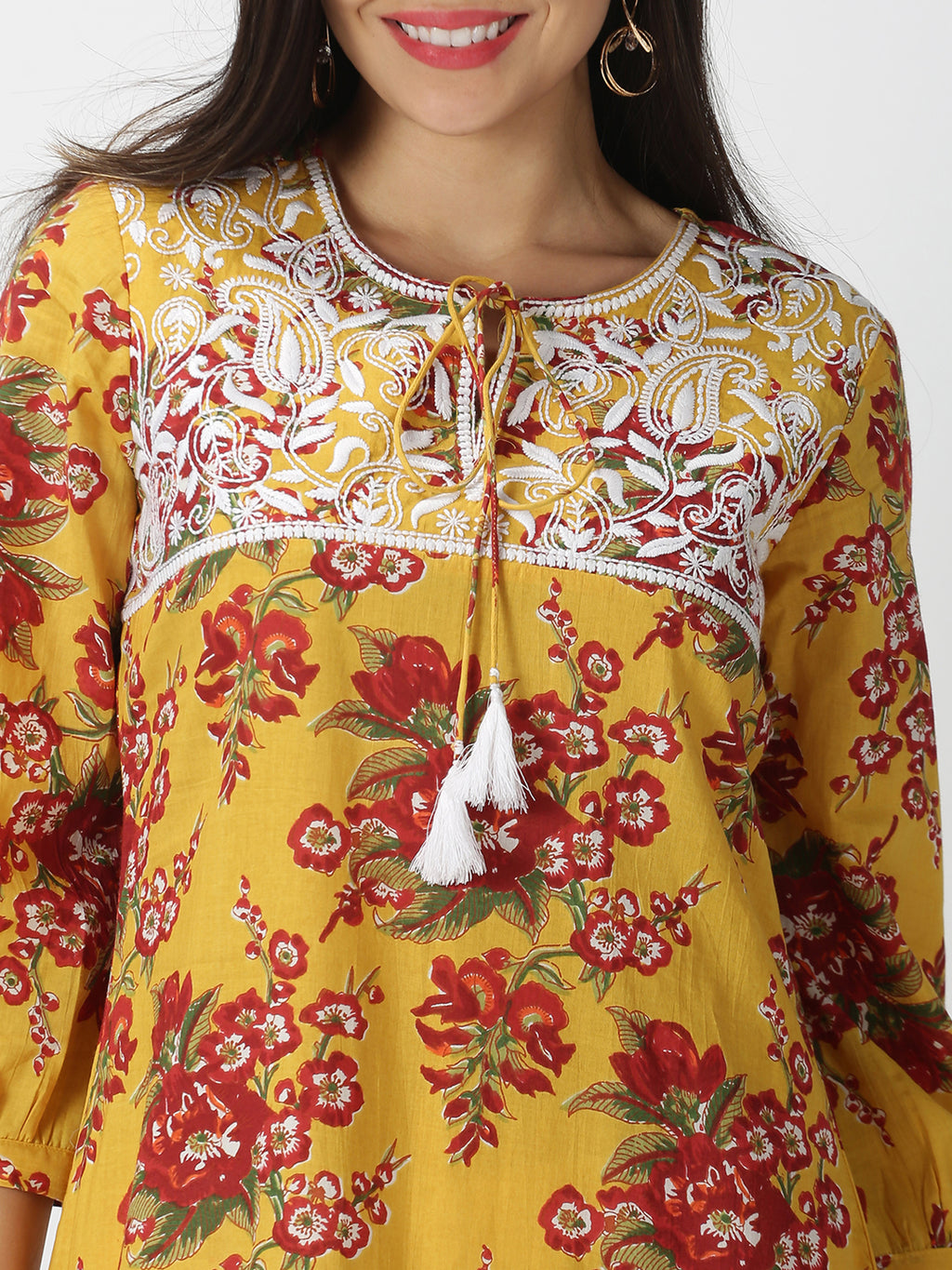 Yellow Floral Printed A-line Kurta with Chikankari Embroidered Yoke