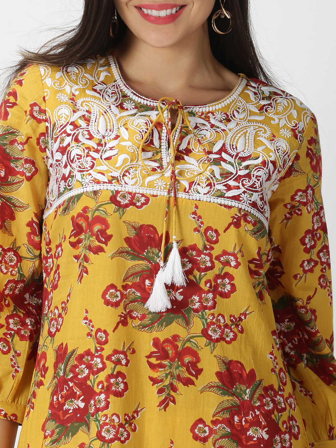 Yellow Floral Printed A-line Kurta with Chikankari Embroidered Yoke