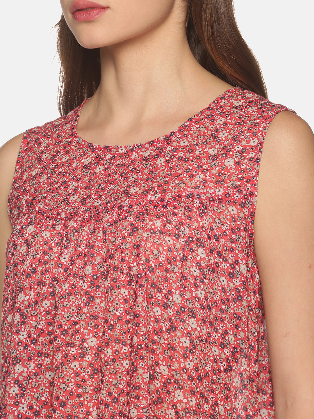 Red Floral Printed Top with Beaded Tie-up on Back