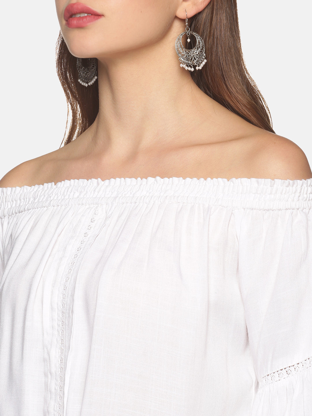 White Off Shoulder Bell Sleeves Top with Lace Inserts