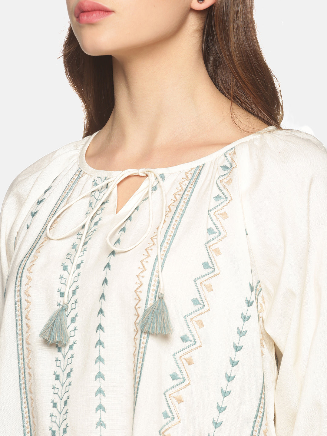 Off White-Blue Cotton Flax Bohemian Tie-up Neck Top with Puff Sleeves