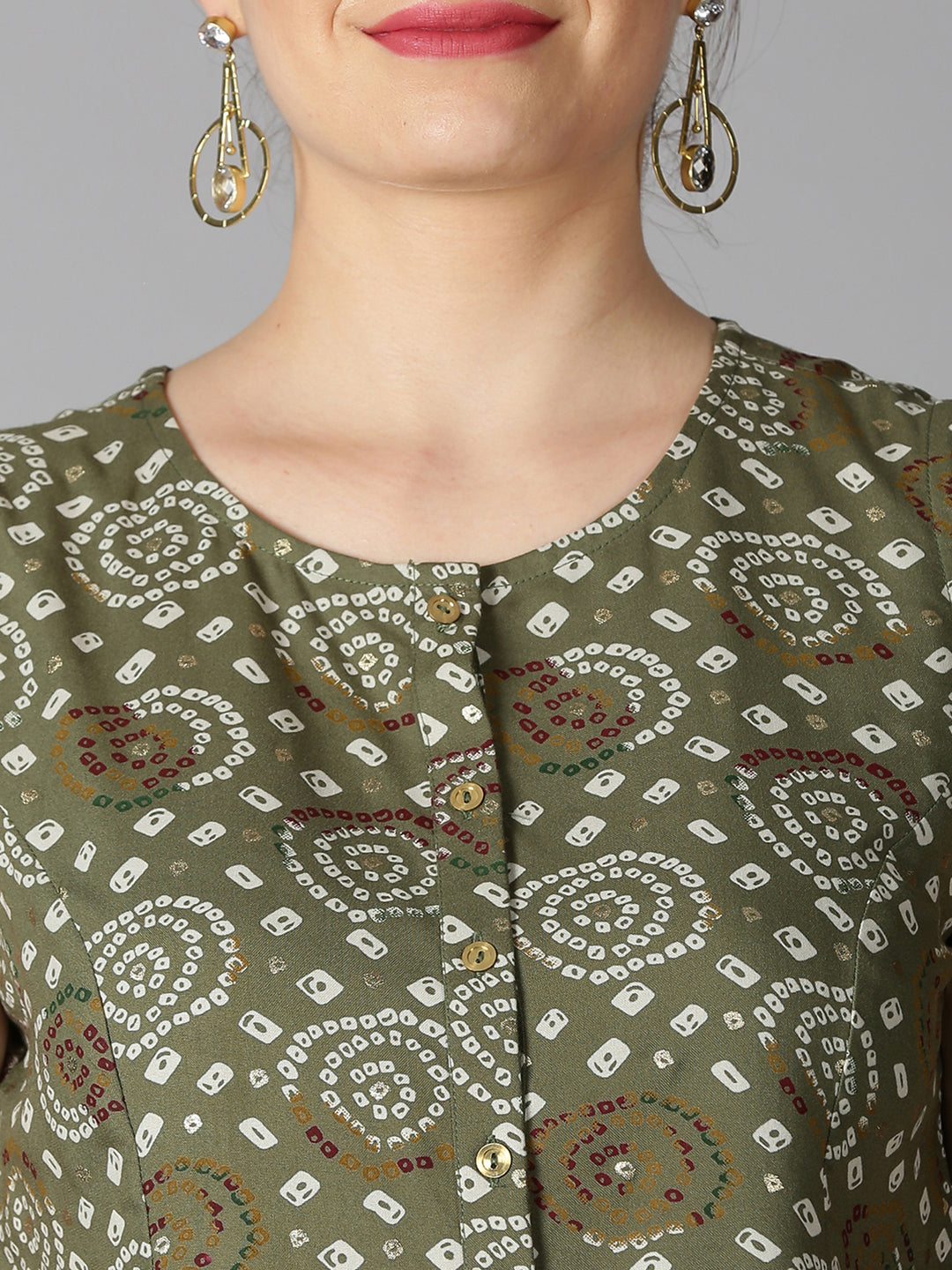 Green Rayon Bandhani Printed A-line Panelled Top