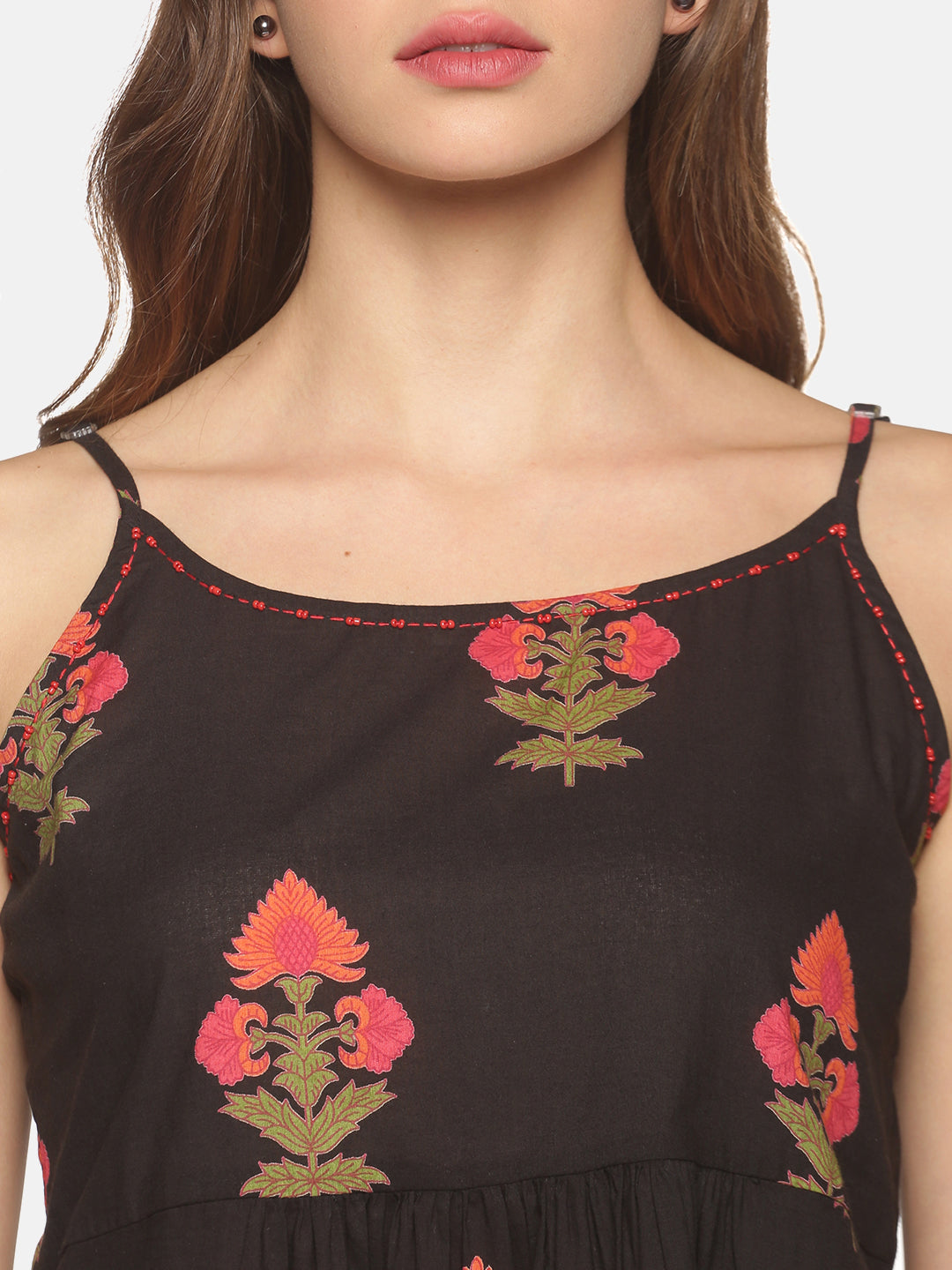 Black All Over Ethnic Motifs Printed Peplum Top with Beads Detailed Neck