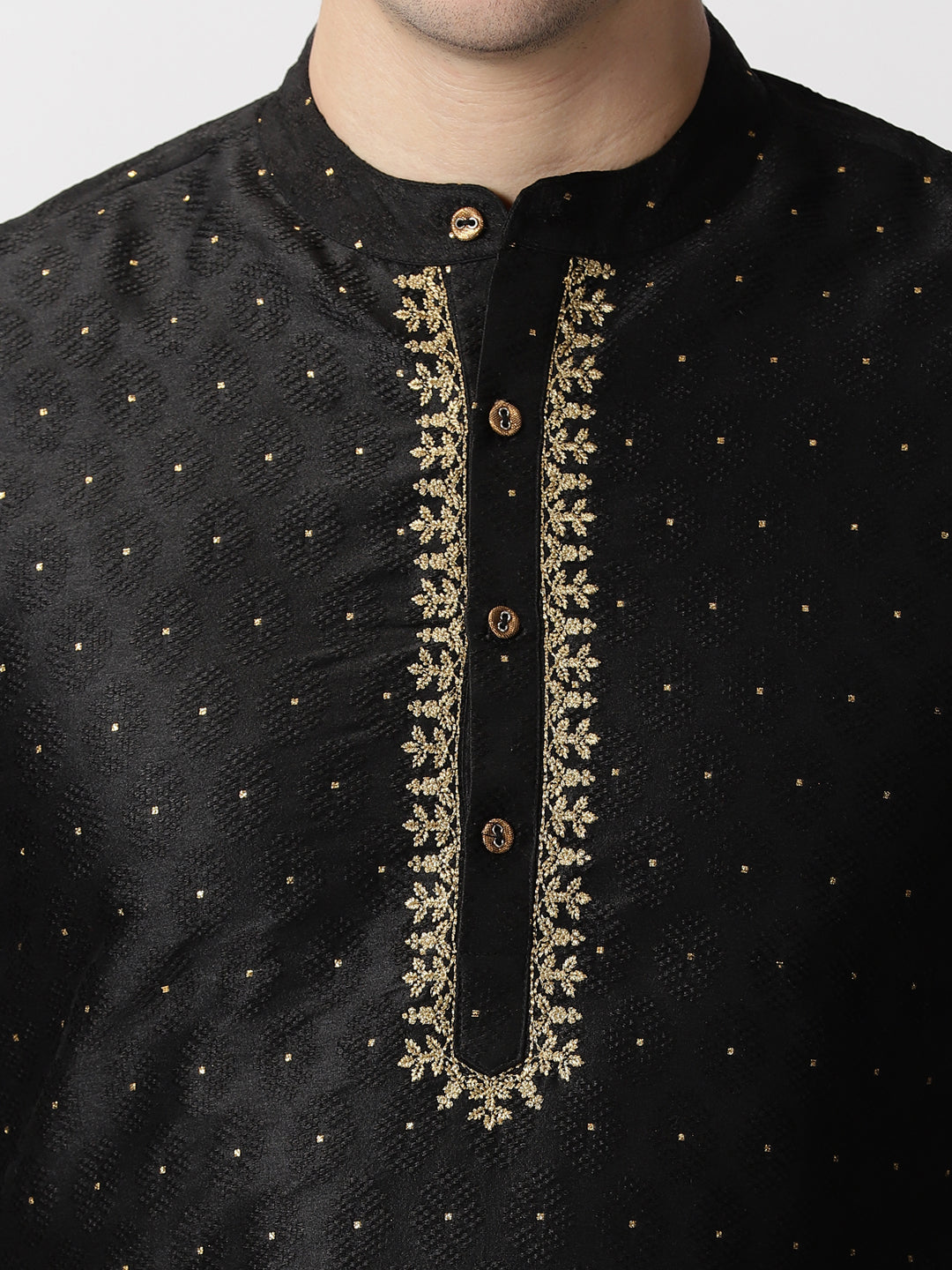 Black Art Silk Jacquard Woven Design Kurta with Zari Embroidery
