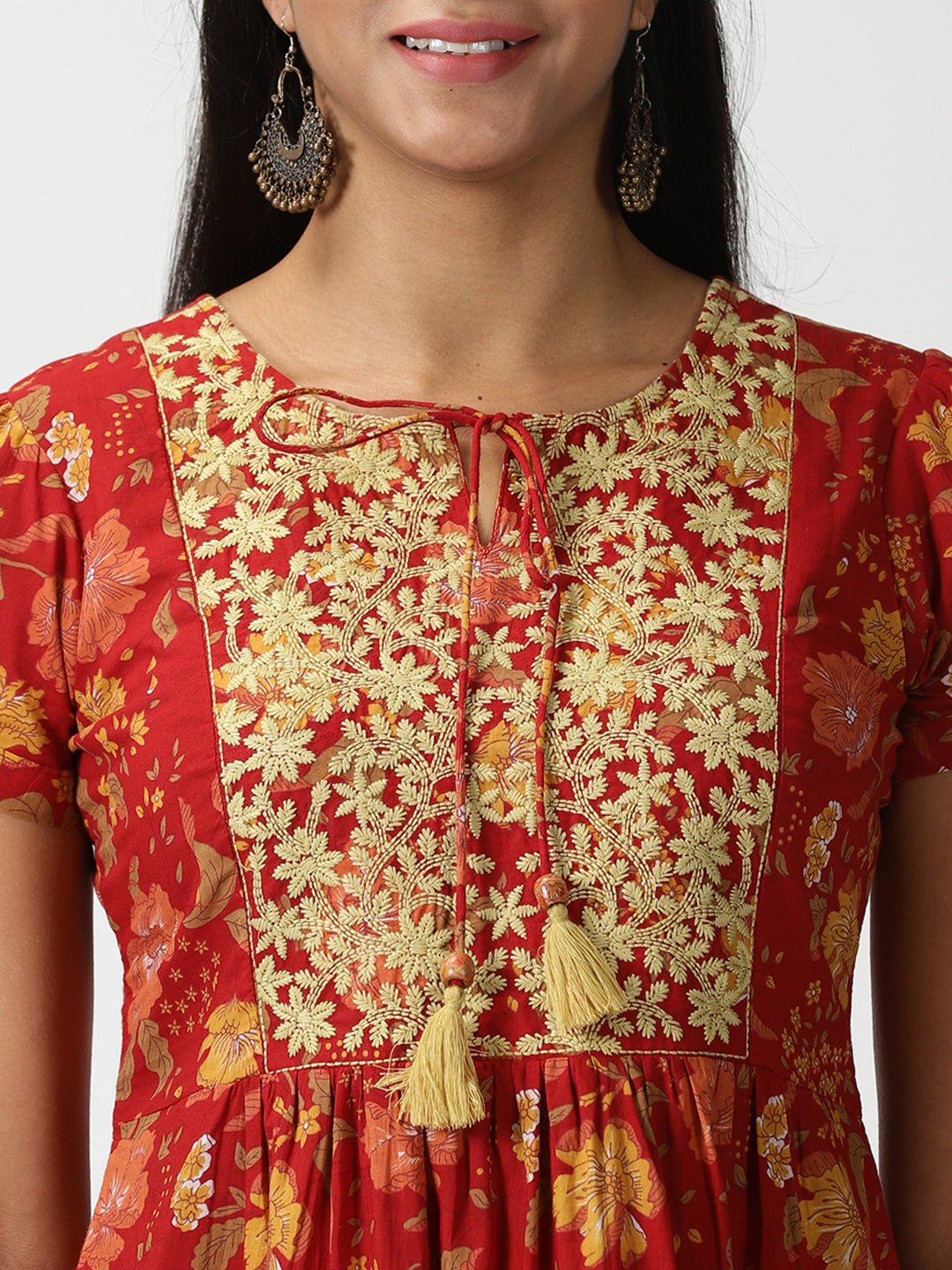 Red Floral Printed A-line Midi Dress with Yoke Embroidery