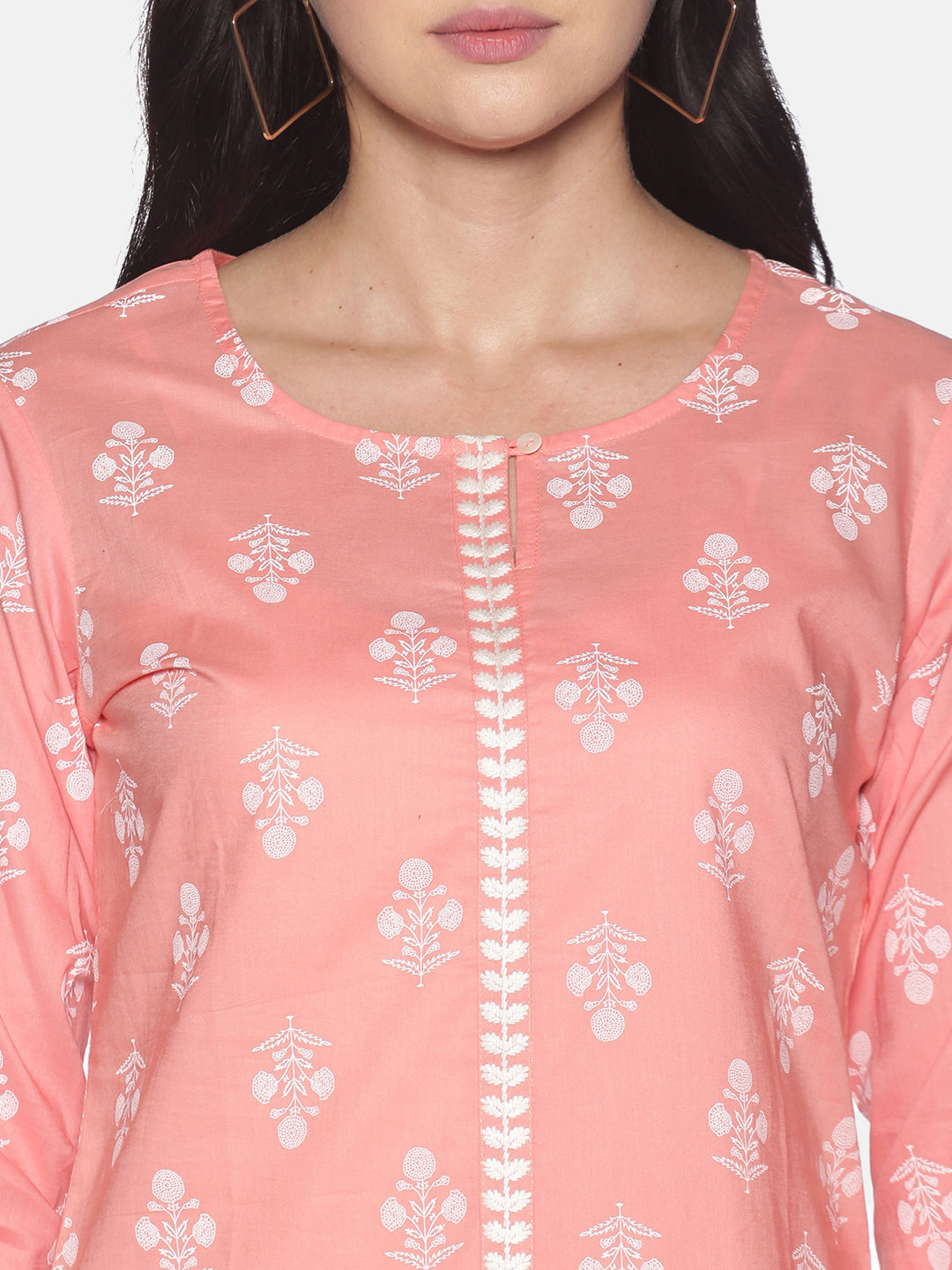 Peach Cotton Printed Tunic With Embroidered Placket With Round Hem