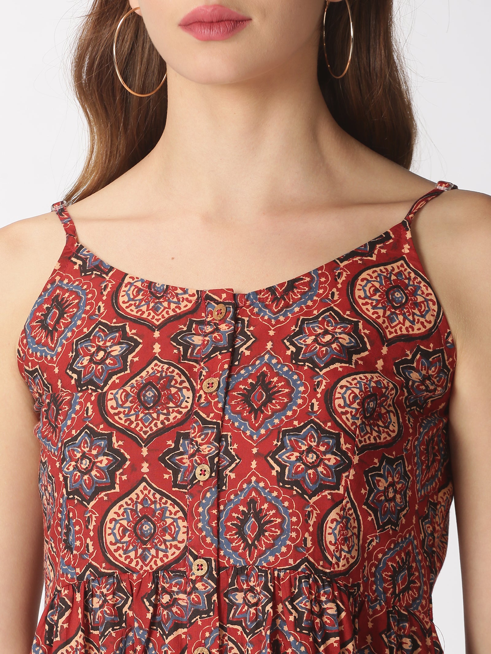 Red Ethnic Motifs Printed A-line Strappy Dress with Front Pockets