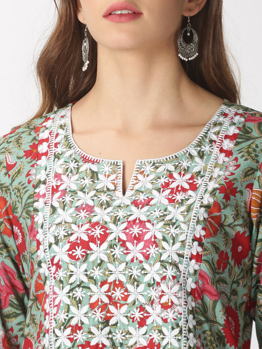 Turquoise Blue Cotton Floral Printed A-line Kurta with Lucknowi Chikan ...