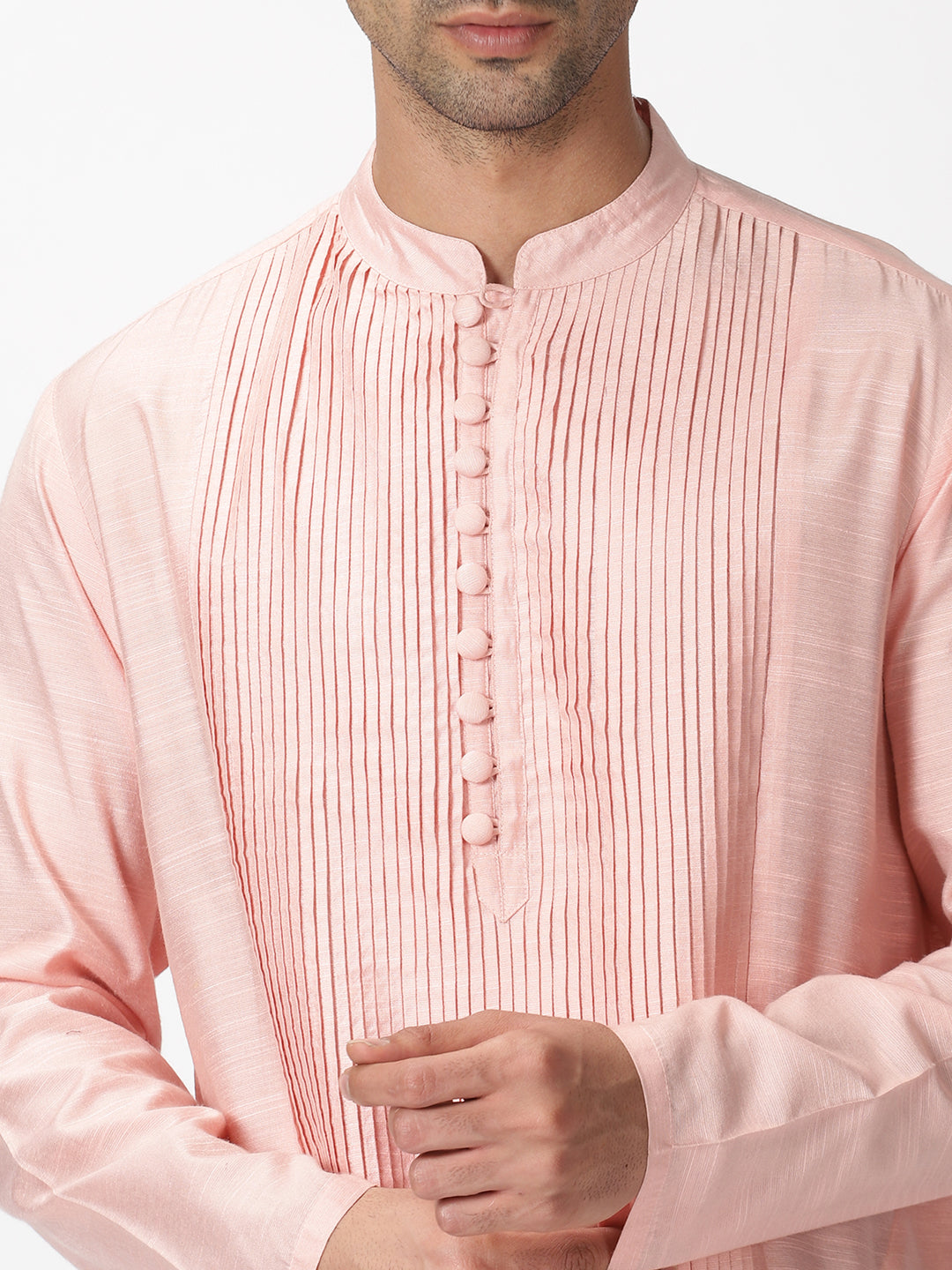 Pink slub pleated kurta with loop and fabric buttons