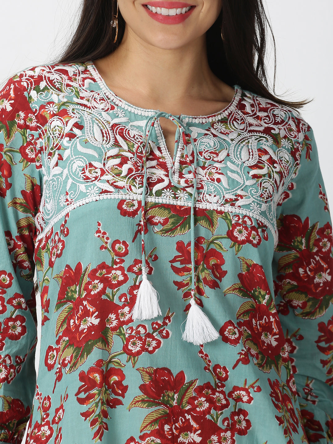 Turquoise Blue Floral Printed A-line Kurta with Chikankari Embroidered Yoke