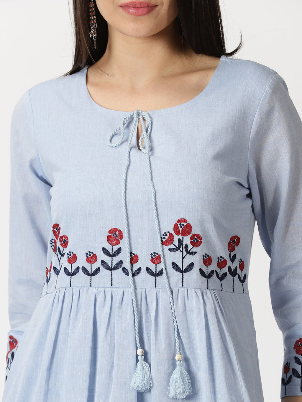 Pastel Blue Empire Midi Dress with Embroidered Details