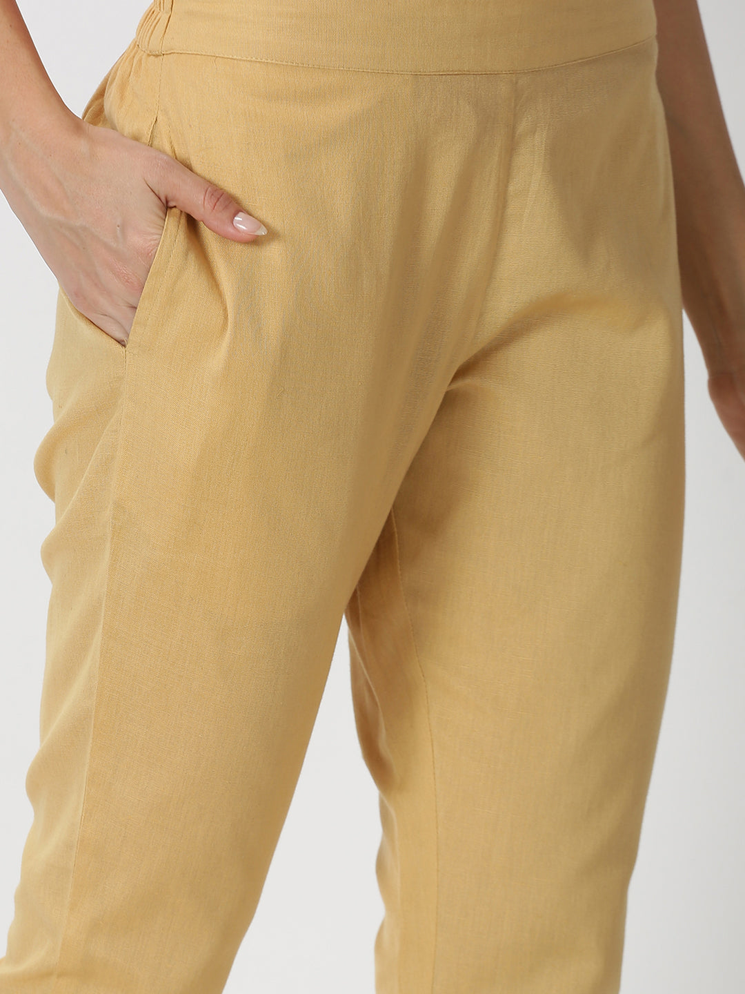 Beige Cotton Flax Straight Pant with Side Pocket