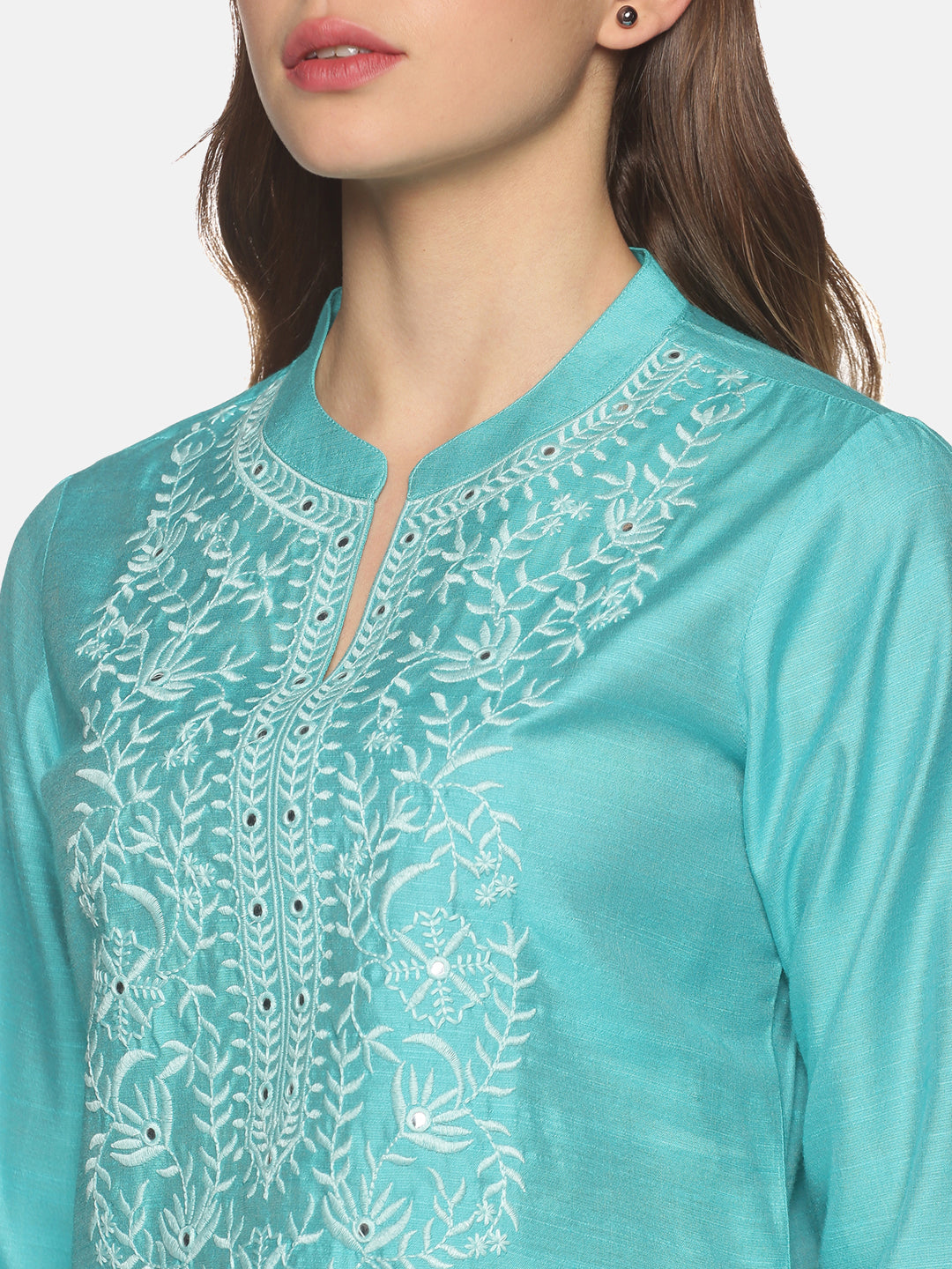 Turquoise Blue Art Raw Silk Tunic with Floral Embroidered Neck & Mirror Accents