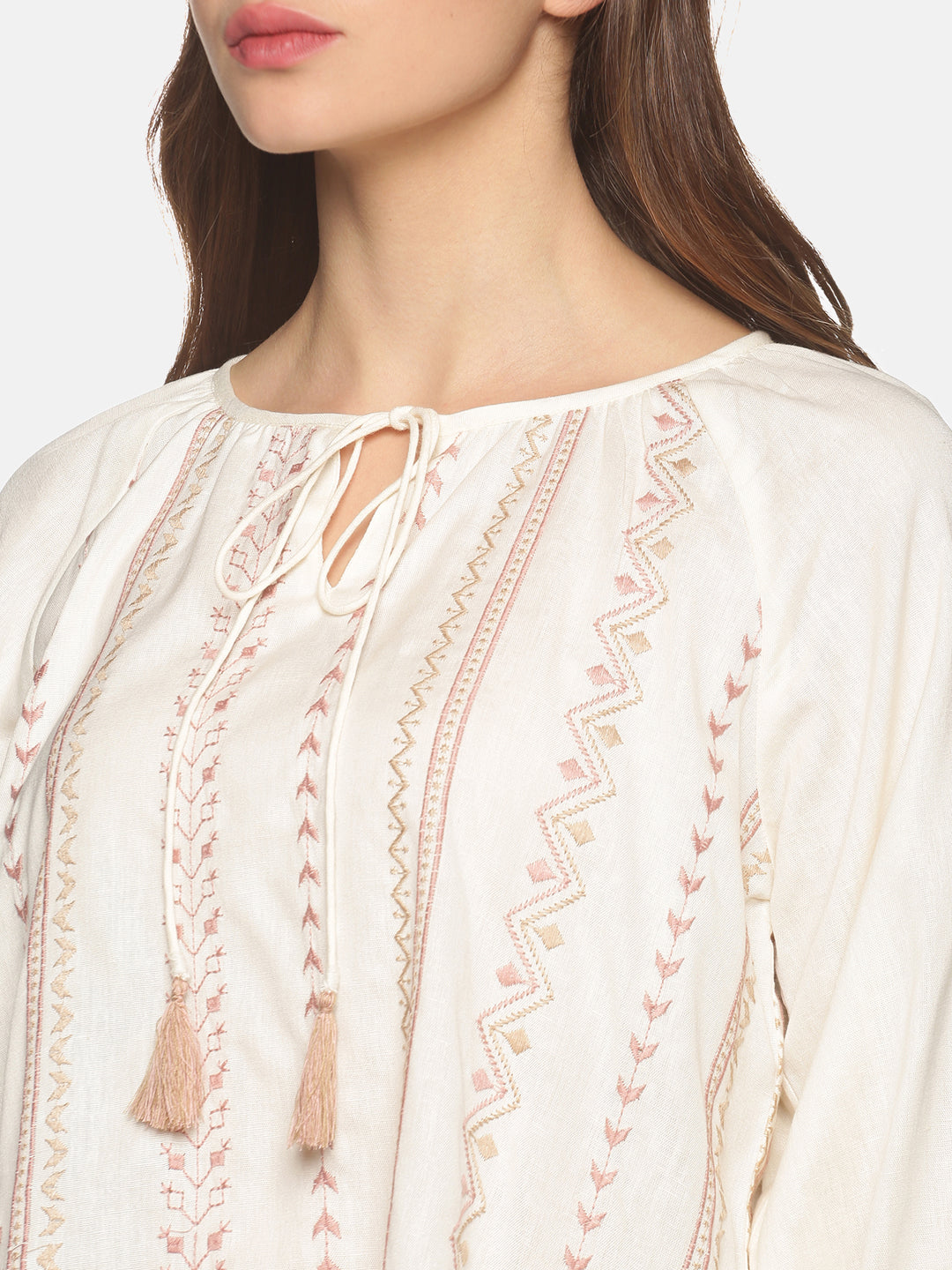 Off White-Peach Cotton Flax Bohemian Tie-up Neck Top with Puff Sleeves