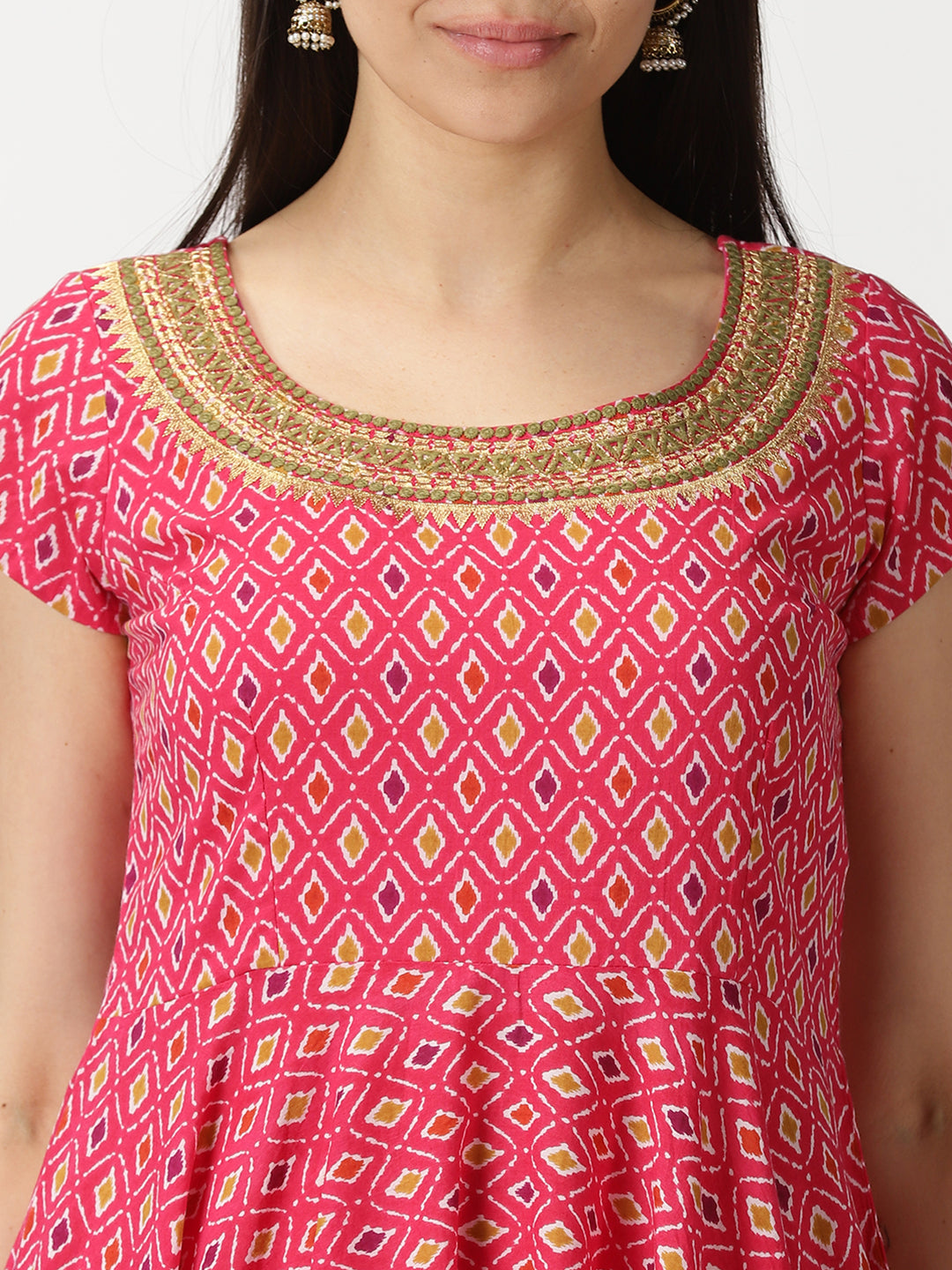 Pink Ikat Print Anarkali Kurta with Neck Embroidery