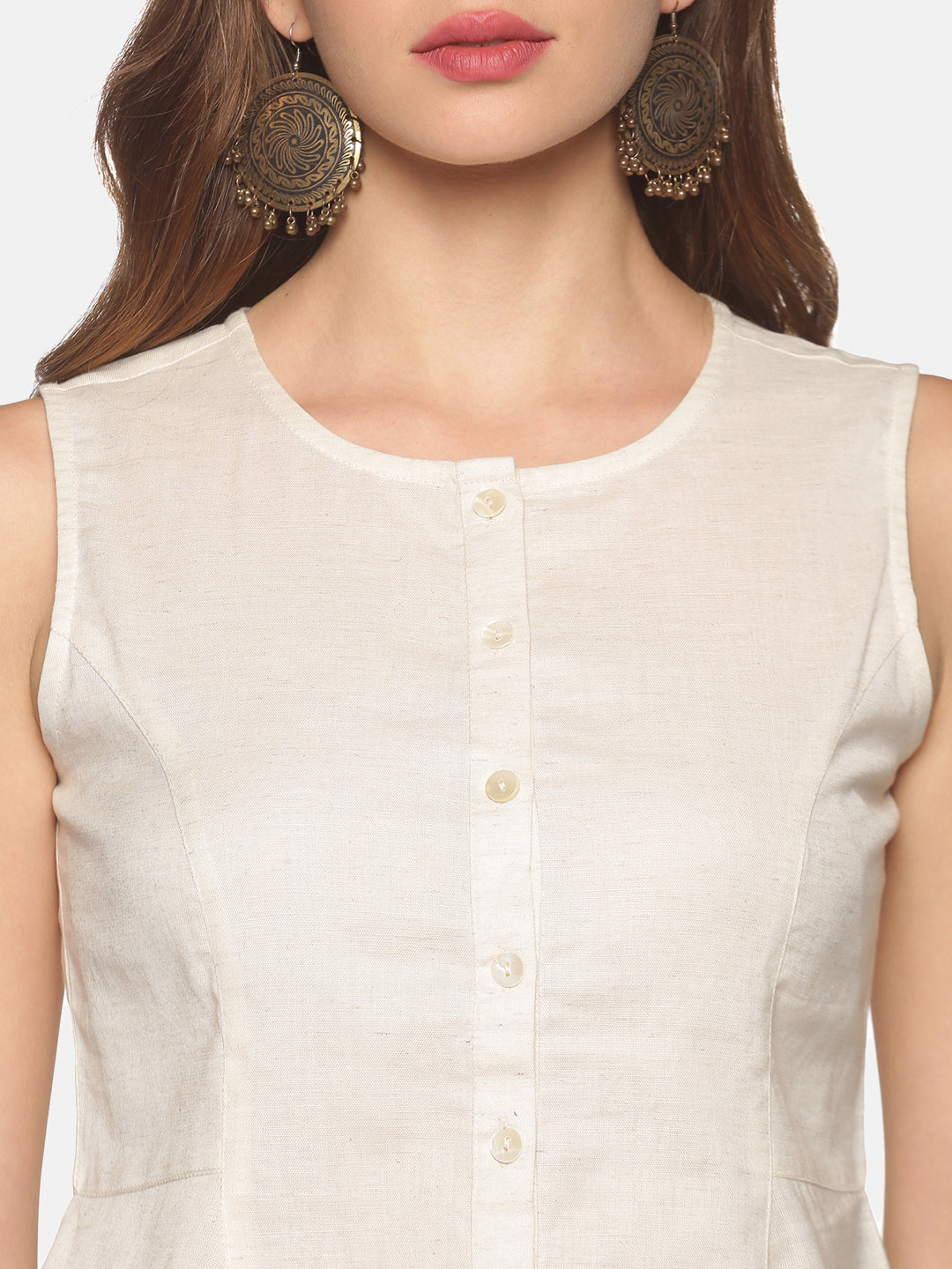 Natural Cotton Flax Panelled A-Line Top with Button-Down Placket