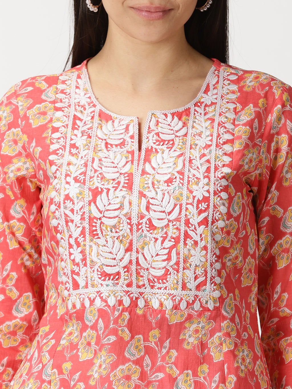 Coral Floral Print A-line Kurta with Lucknowi Chikankari Embroidery