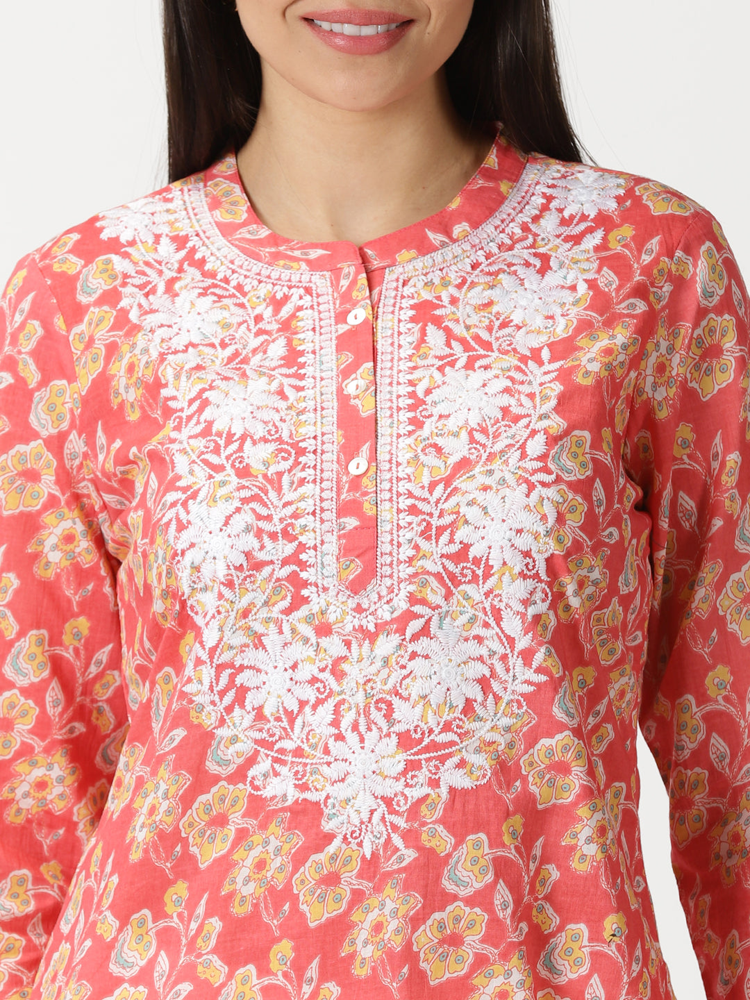 Coral Floral Print Tunic with Lucknowi Chikankari Embroidery