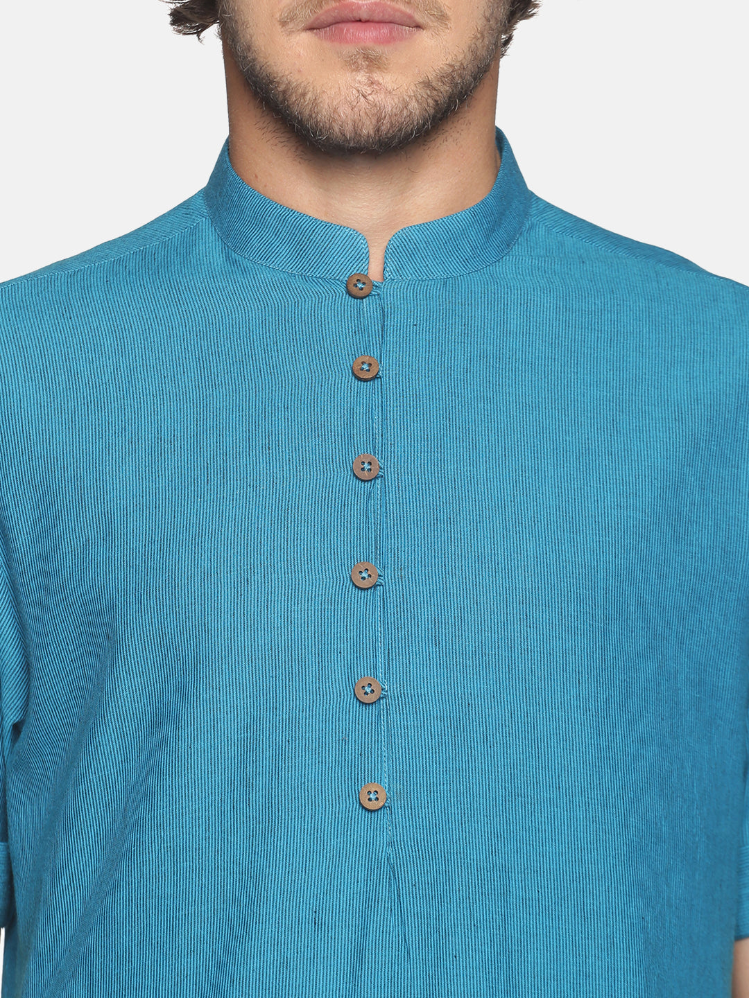 Turquoise Blue Chambray Cotton Half Sleeves Short Kurta