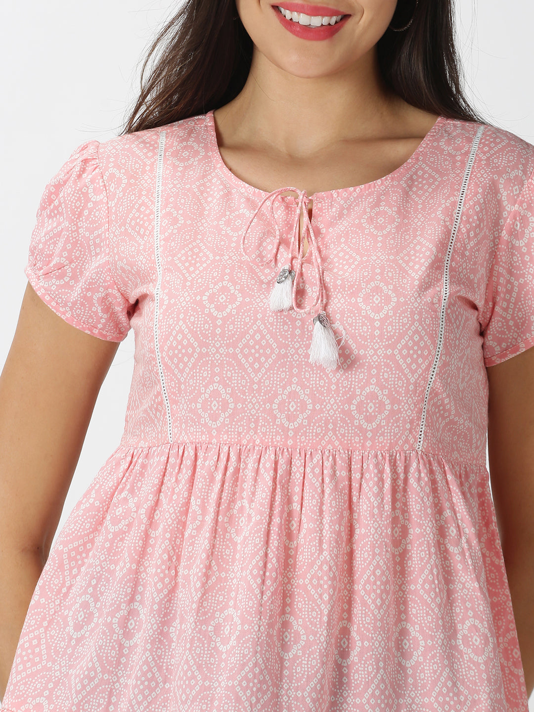 Pink Bandhani Printed Tiered Top with Lace Inserts