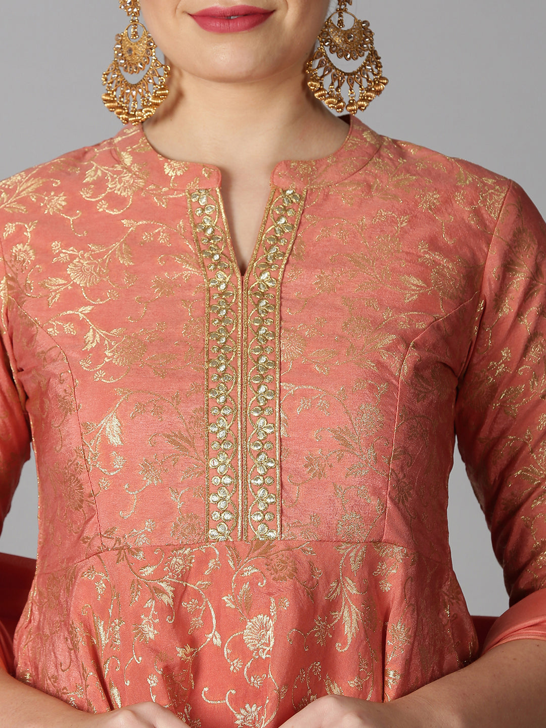 Peach Banarasi Jacquard Peplum Kurta with Flared Palazzos & Dupatta