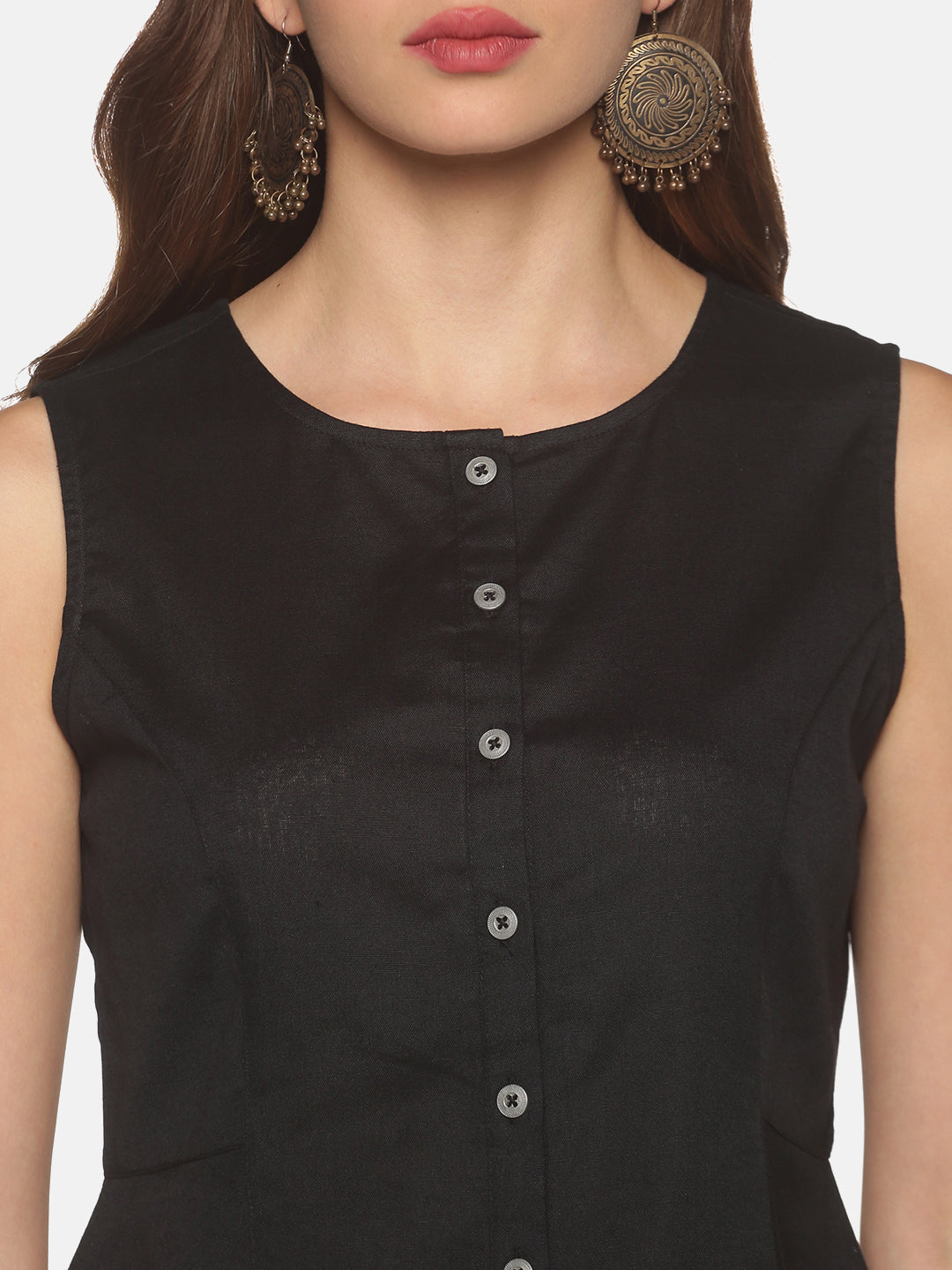 Black Cotton Flax Panelled A-Line Top with Button-Down Placket