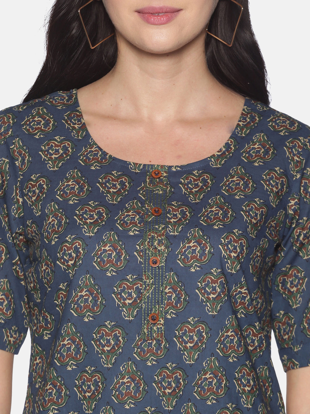 Blue Jaipur Printed Tunic With Couching In Placket And Short Roll Up Sleeves