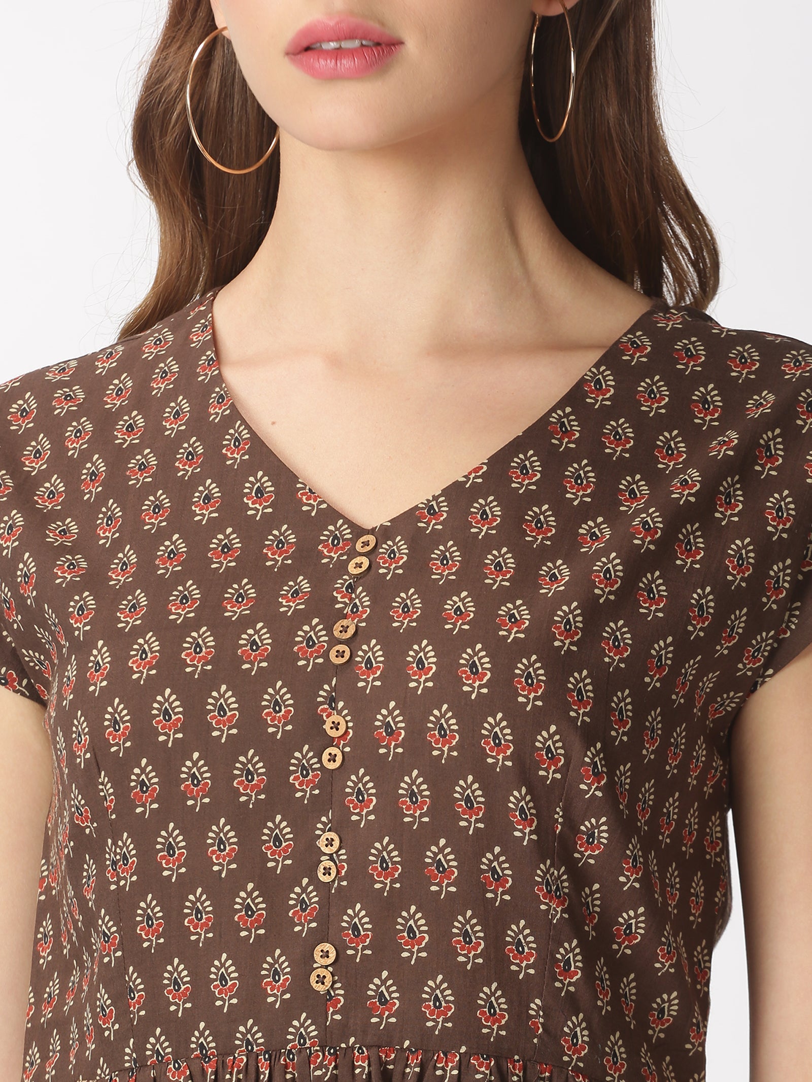 Brown Ethnic Motifs Printed Midi Dress with Embroidered Pockets